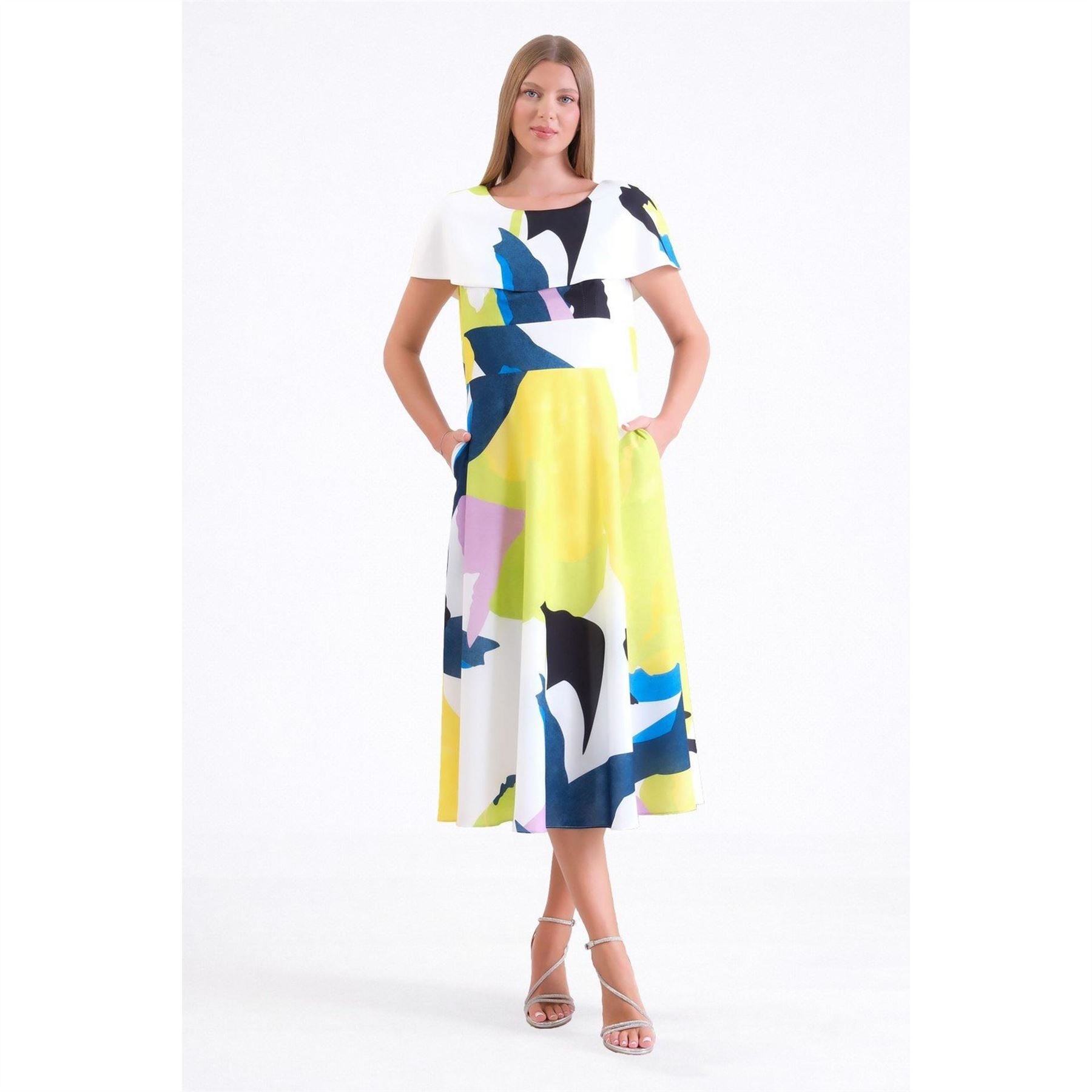 Ella Boo Abstract Floral Off Shoulder Midi  Cape Dress