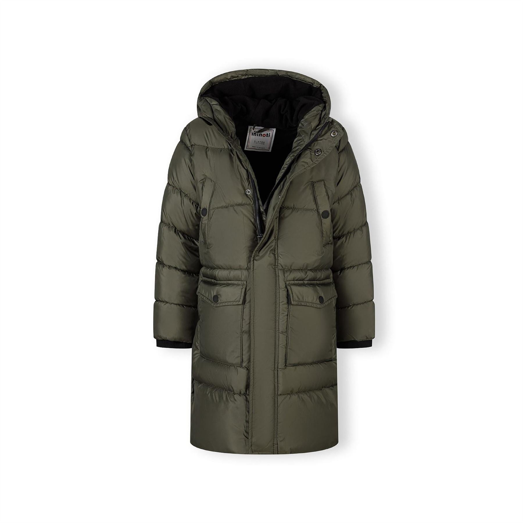 Minoti Boys Long Padded Coat With Hood And Snap Details Khaki