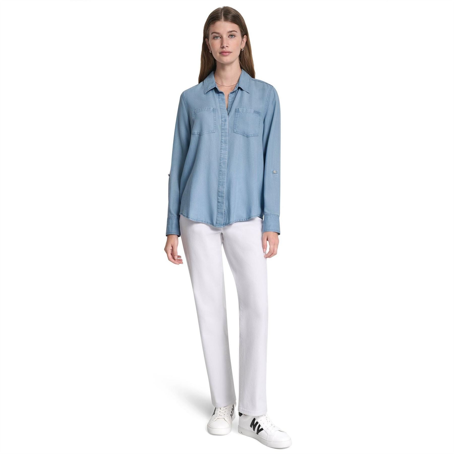 DKNY Jeans Split Back Button Front Tencel Shirt W  Roll Tab Sleeve