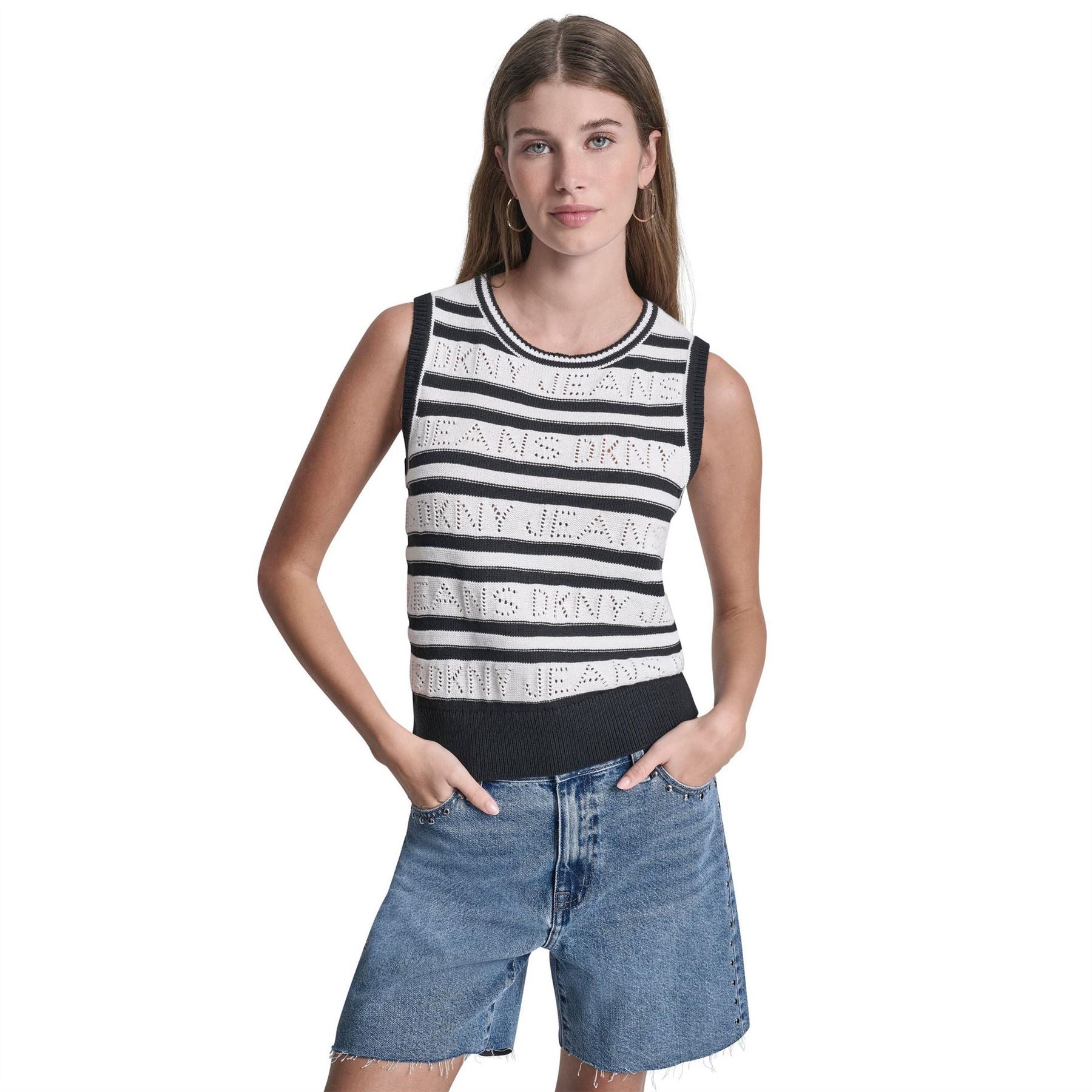 DKNY Jeans Logo Pointelle Striped Sleeveless Sweater