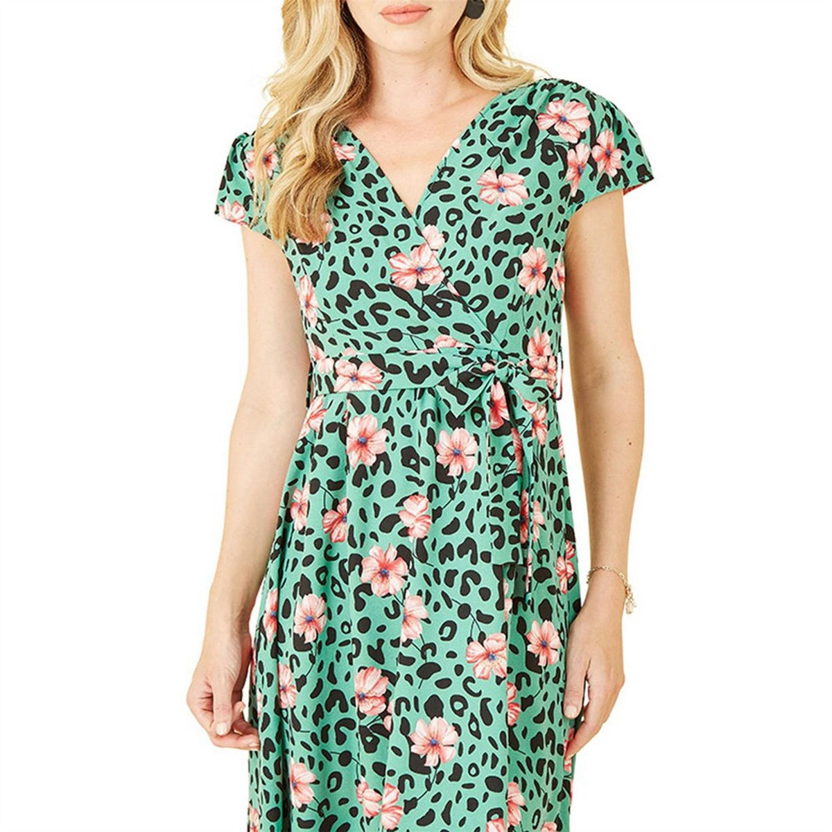 Mela London Green Animal Print Dipped Hem Wrap Dress