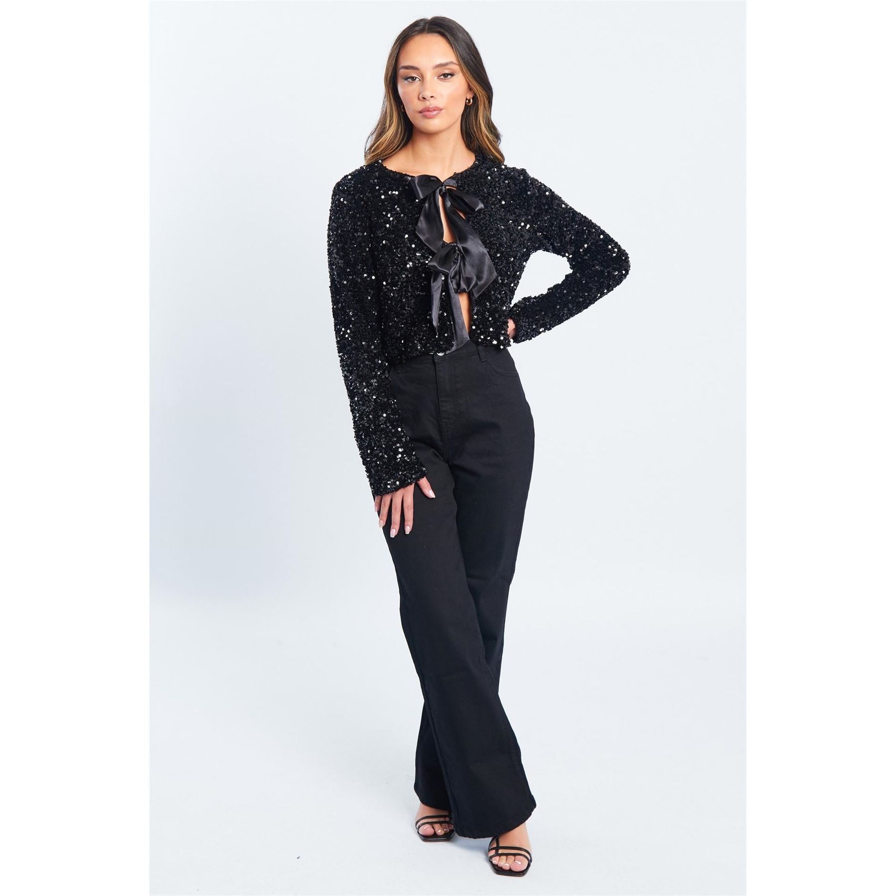 Be You Sequin Bow Crew Neck Long Sleeve Top
