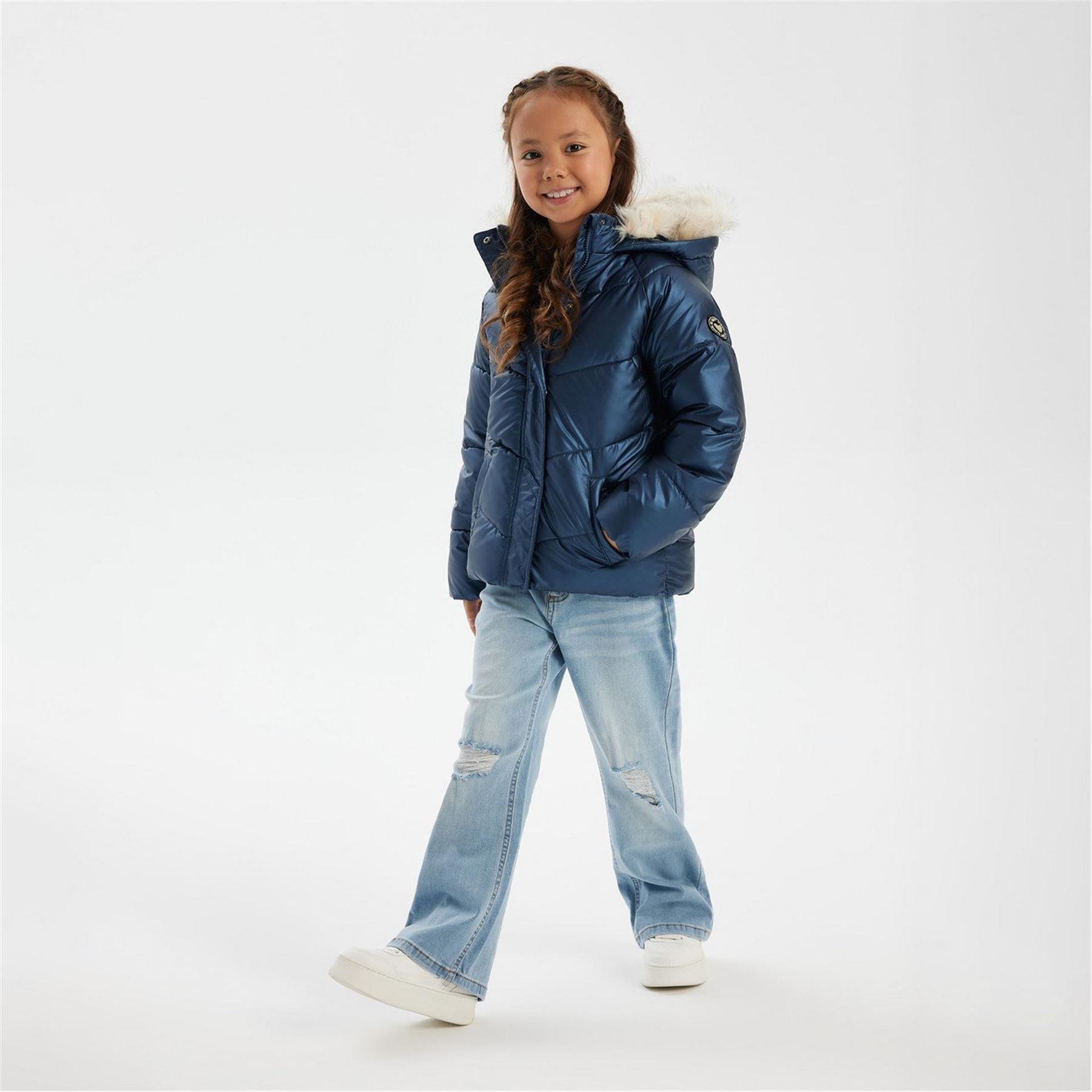 Minoti Girls Padded Jacket Faux Fur Lining Navy