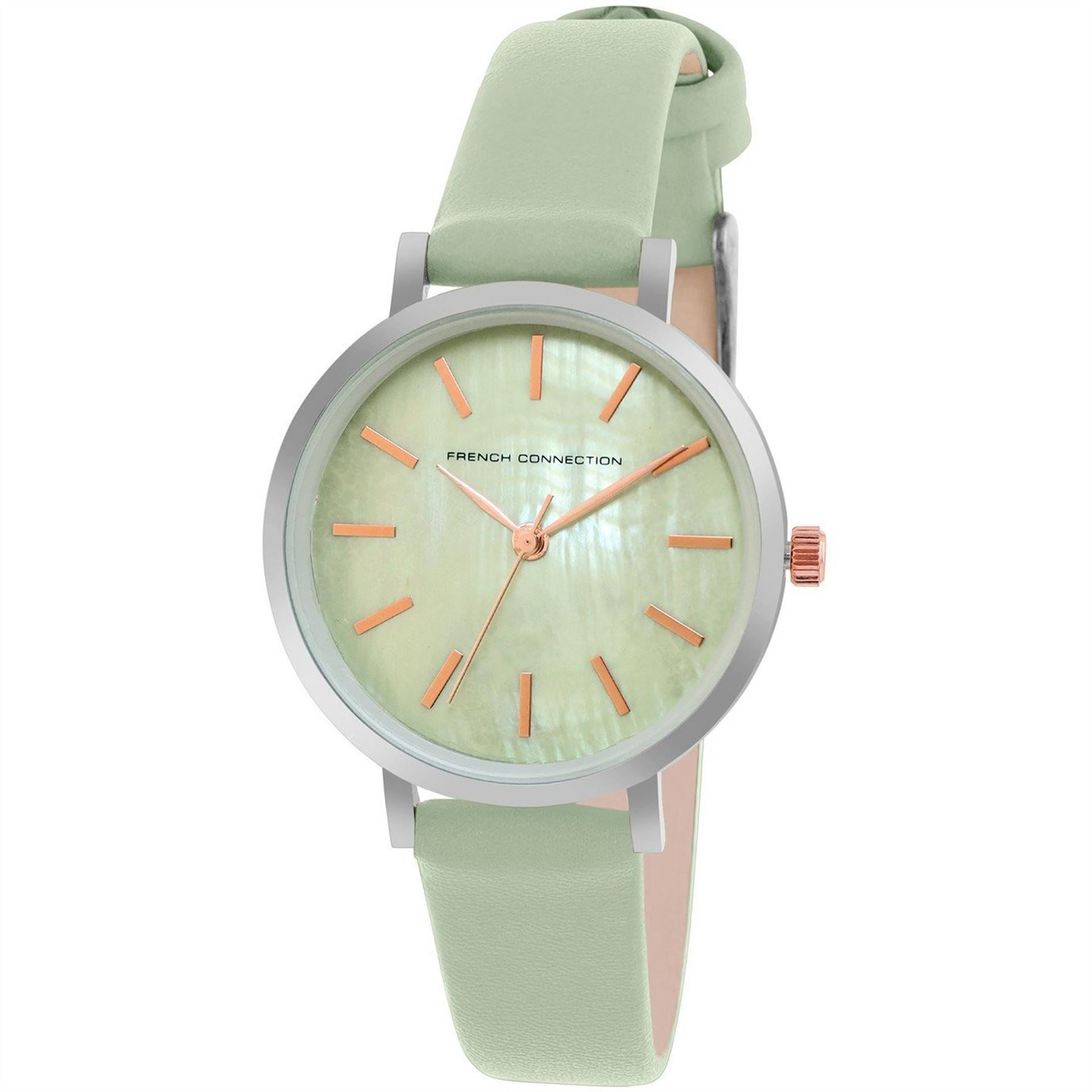 French Connection Connection Silver Case Round Shape Sea Green Strap Quartz Watch