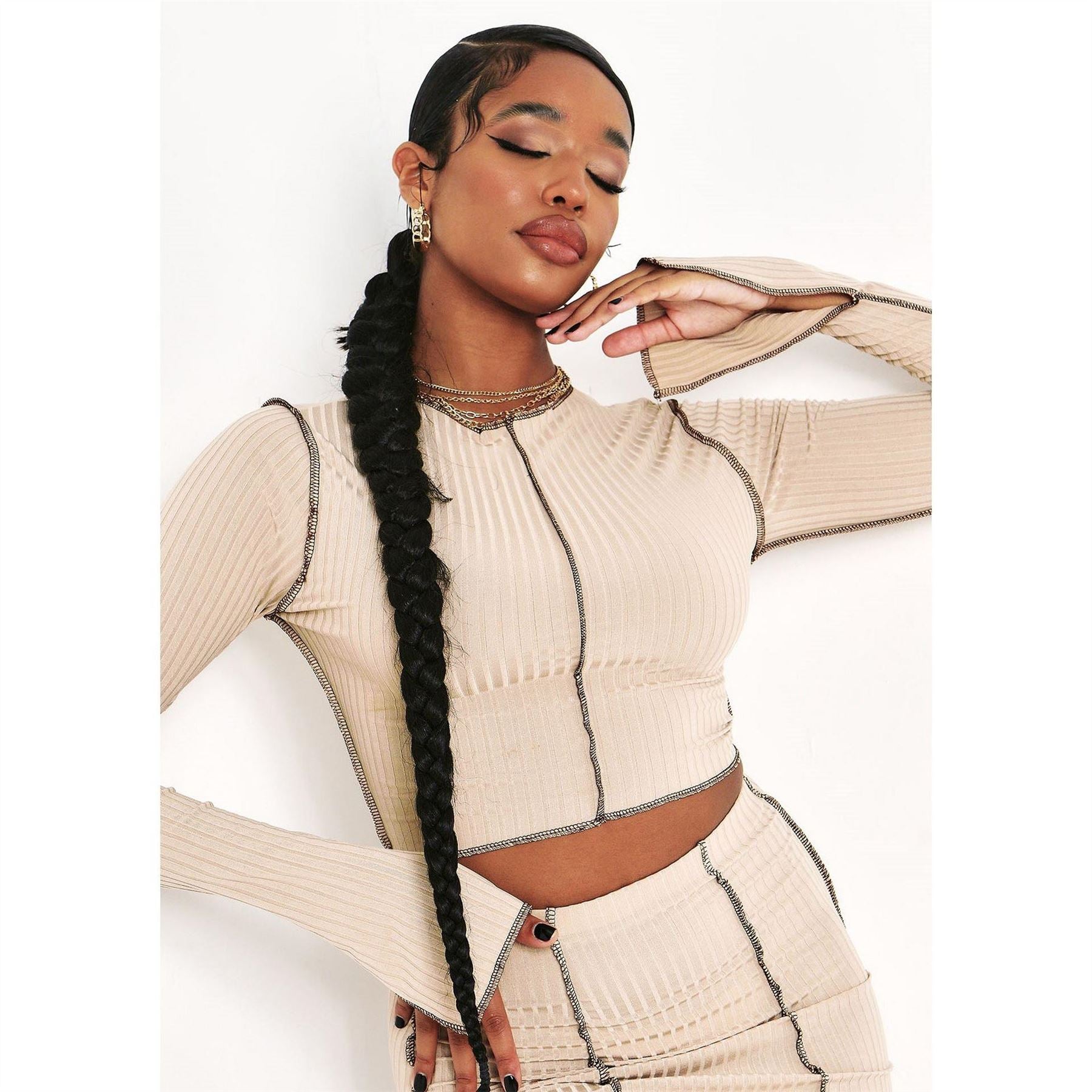 Missy Empire Stitch Slit Sleeve Ribbed Crop Top