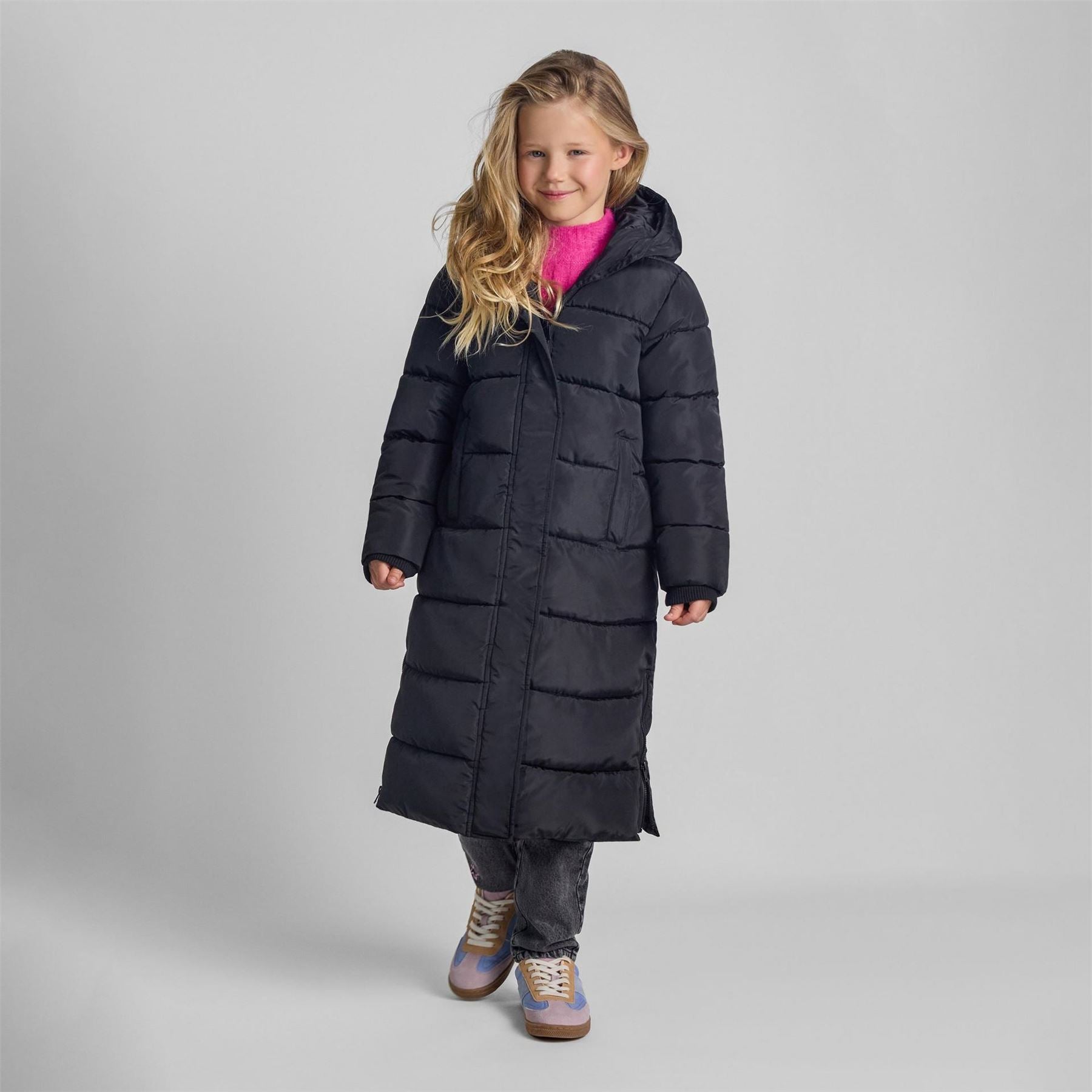 Minoti Girls Long Winter Quilted Coat With Hood And Side Slits Black