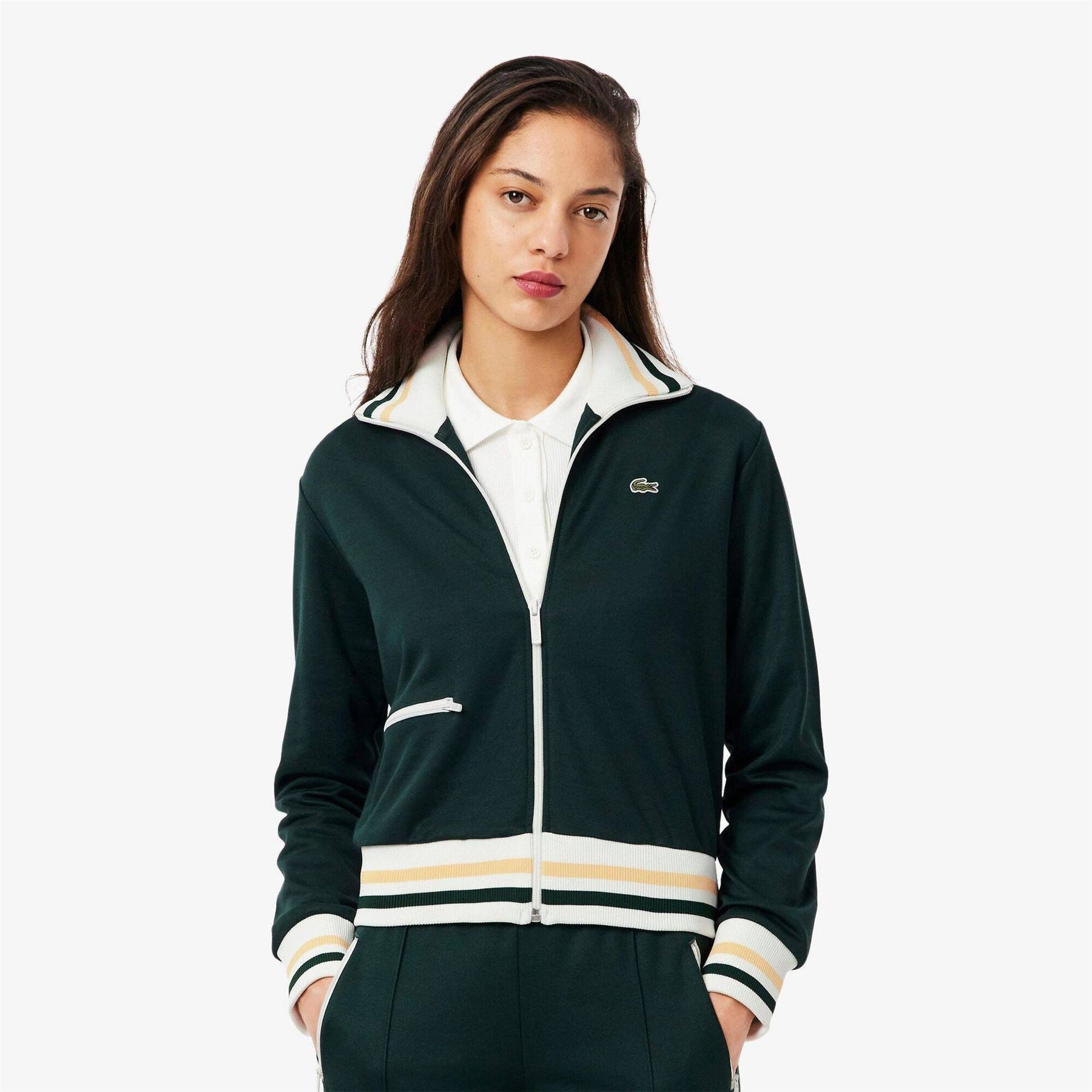 Lacoste Stripe Patterned Track Jacket with Ribbed Cuff and Logo