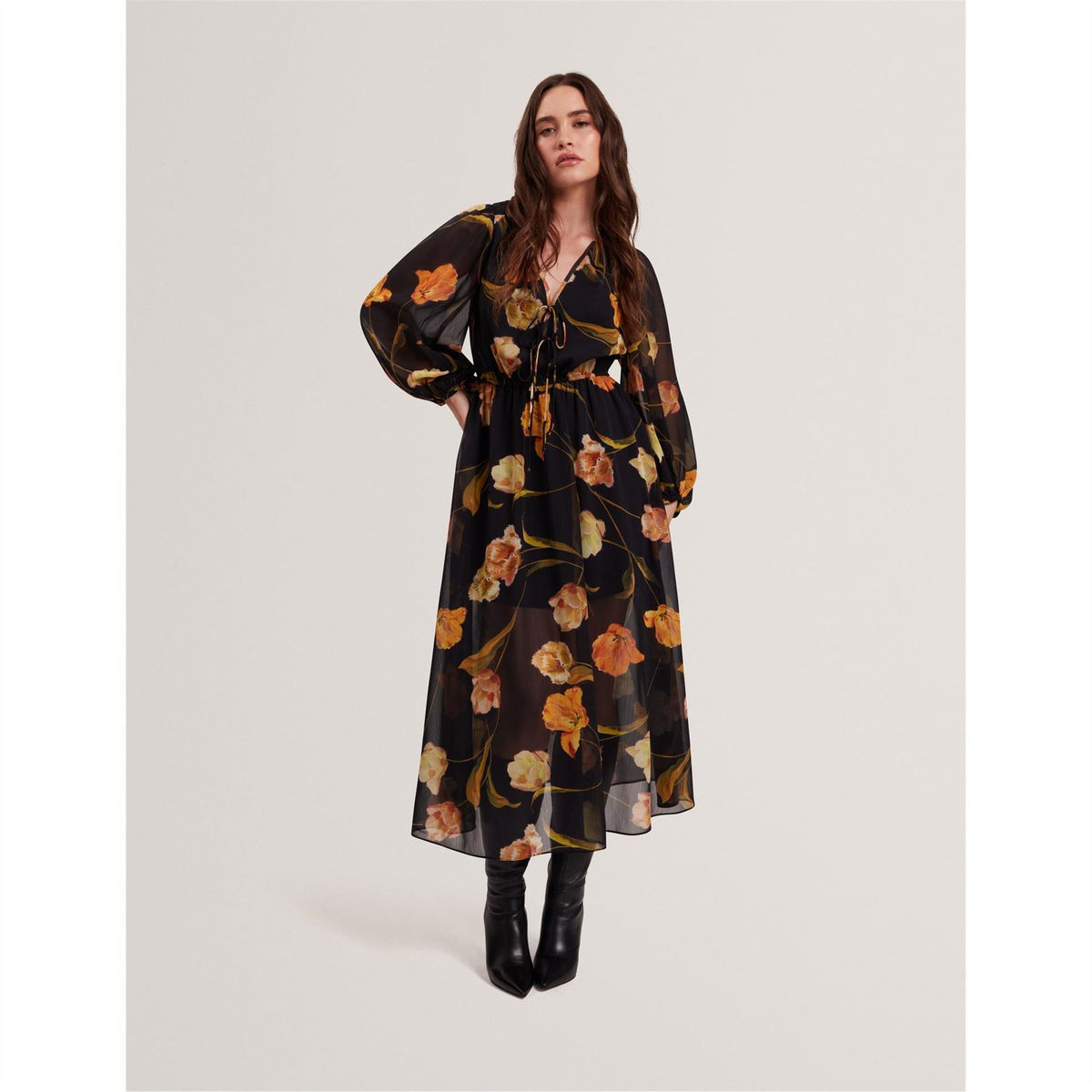 Ted Baker Plain V-Neck Long Sleeve Midi Dress