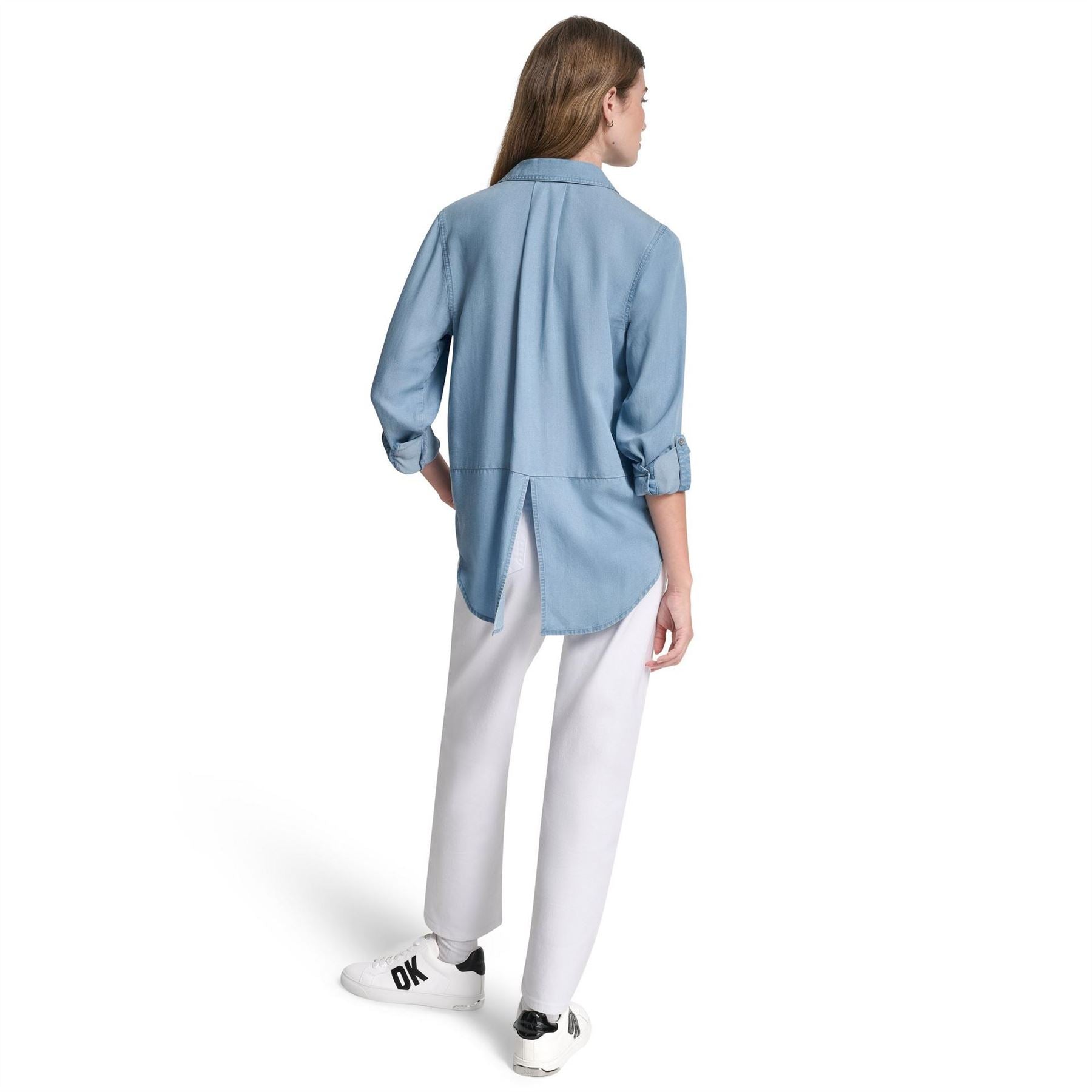DKNY Jeans Split Back Button Front Tencel Shirt W  Roll Tab Sleeve