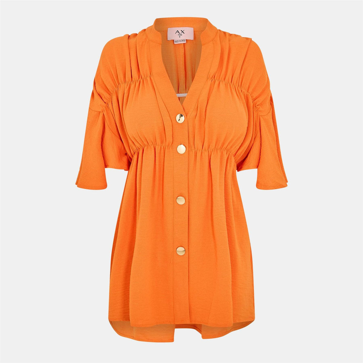 AX Paris Button Up Ruched Detail Smock V Neck Top