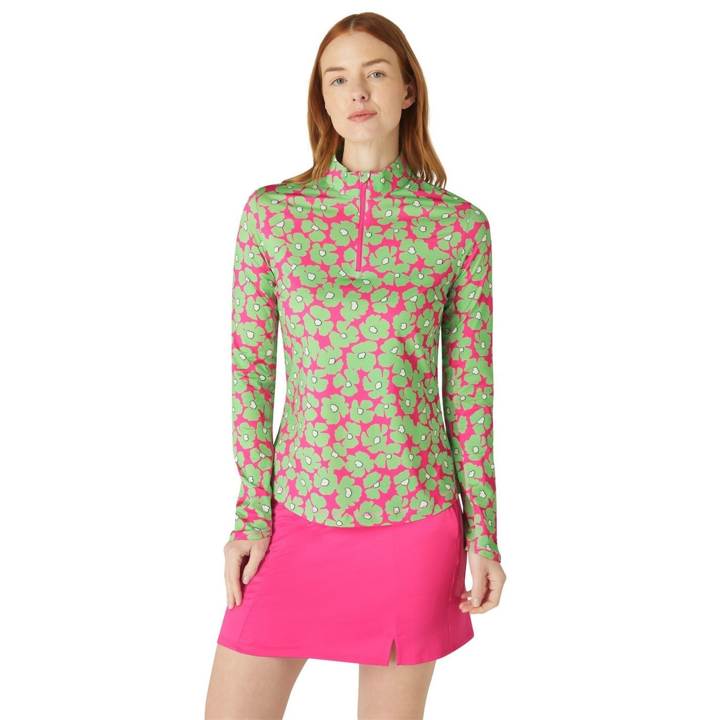 Callaway Floral Print Zip Neck Long Sleeve Athletic Top