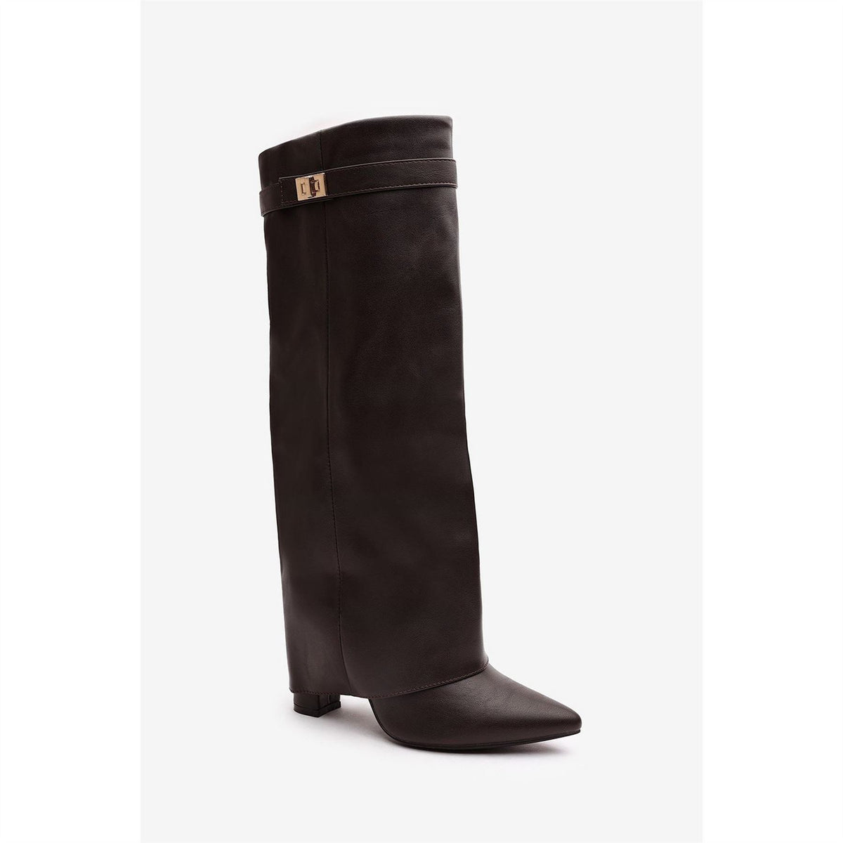 Wheres That From Fold Over Shark Block Heel Point Toe Boots