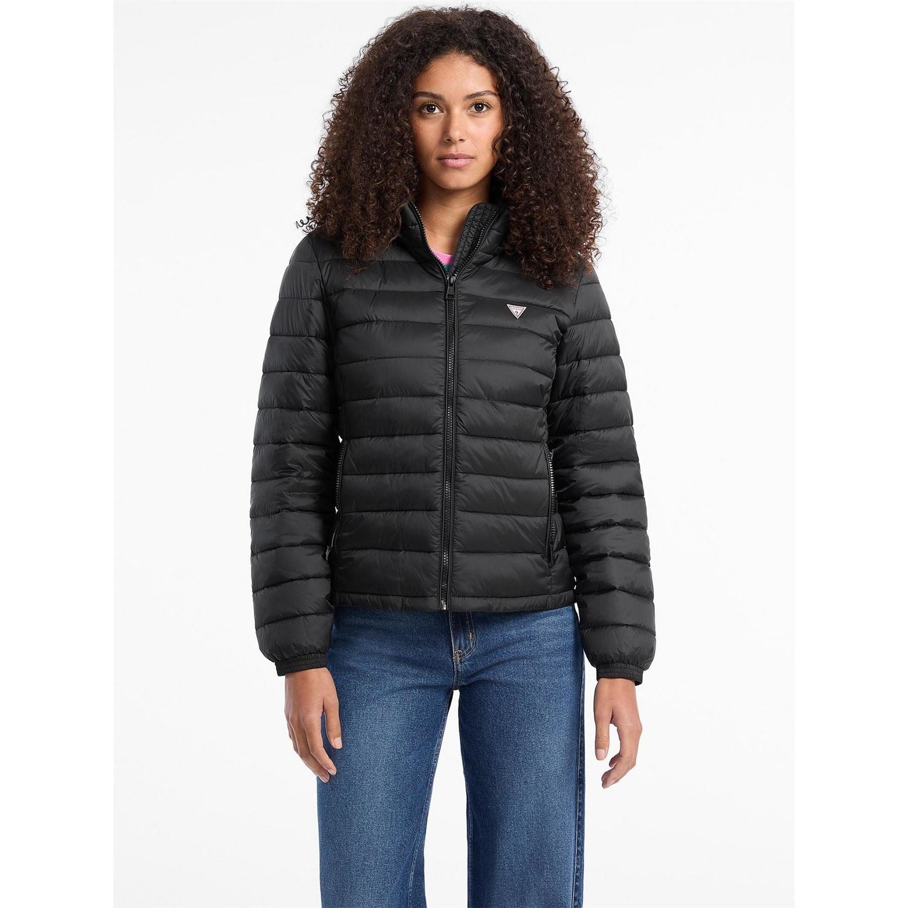 Guess Solid Patterned Hooded Zipped Pocket Puffer Jacket