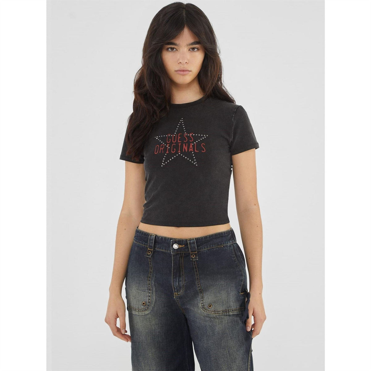 Guess Front Print And Studs Crop Top