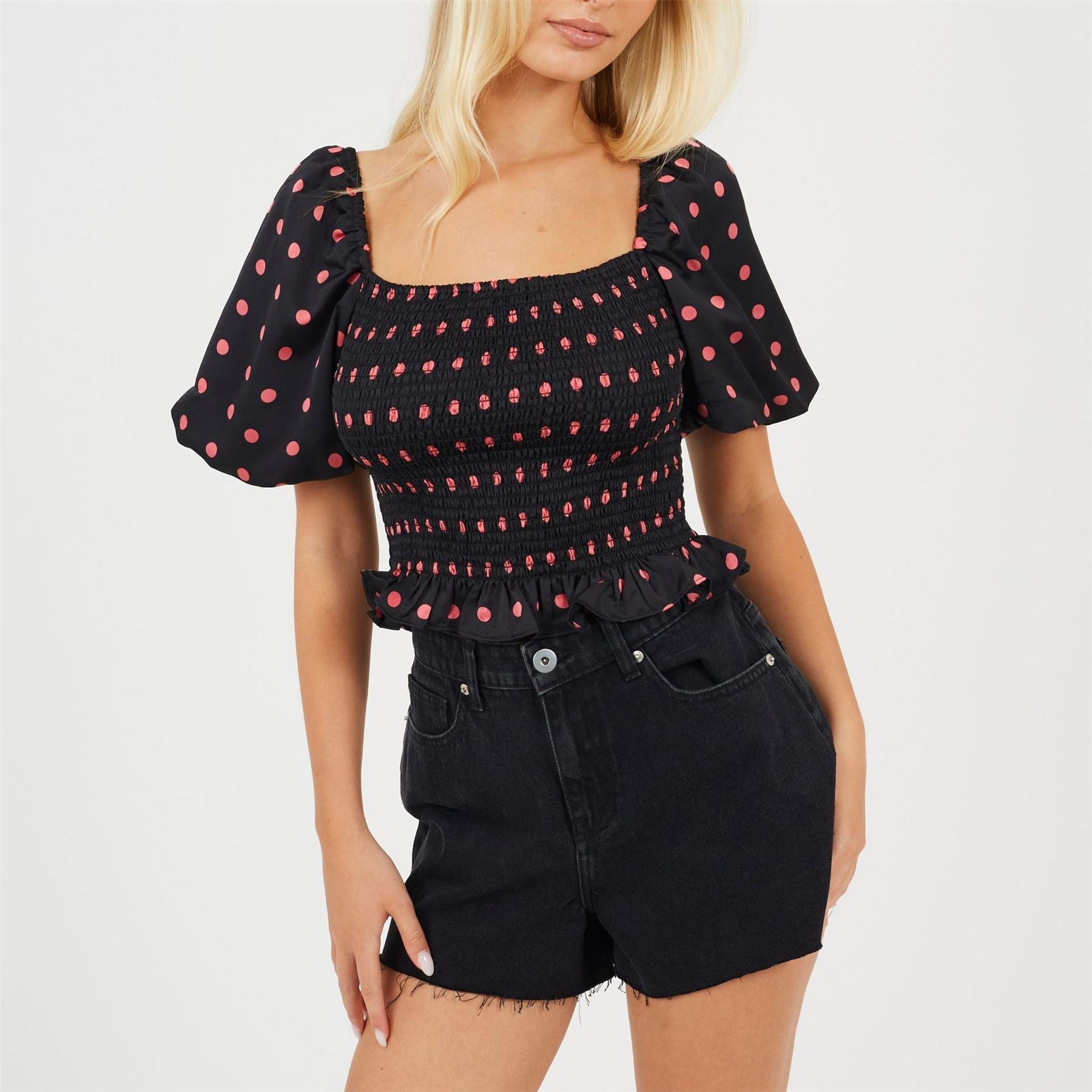 Brave Soul Womens Puff Sleeve Shirred Bust Polka Dot Top