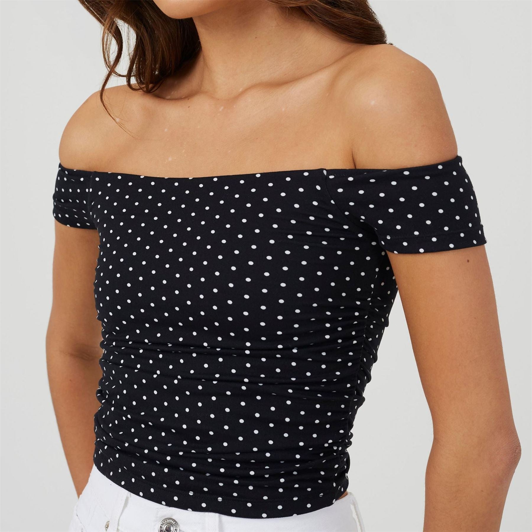 Brave Soul Womens Polka Dot Bardot Neck Jersey Top