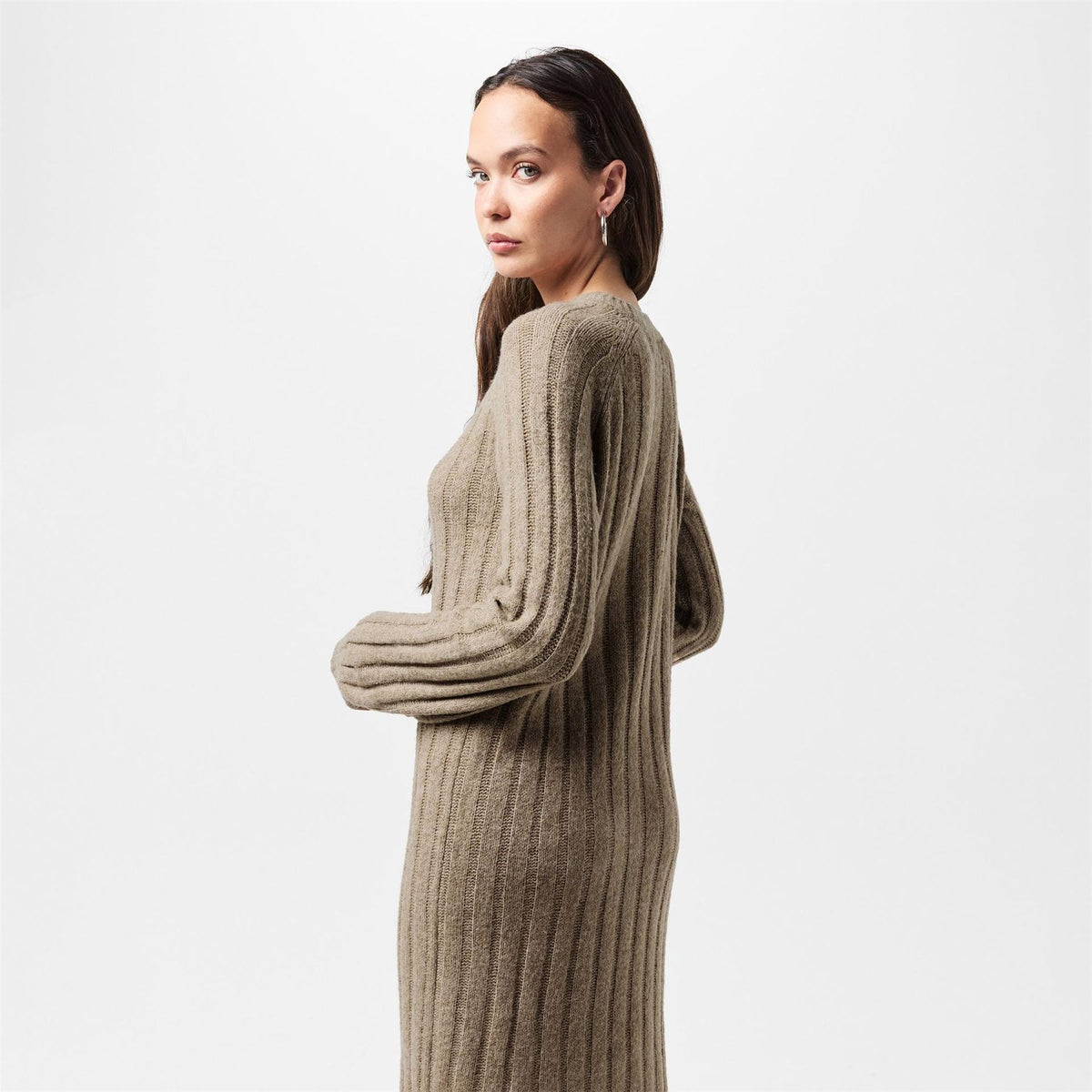 Pieces Knit Crew Neck Ribbed Cuff Midi Sweater Dress