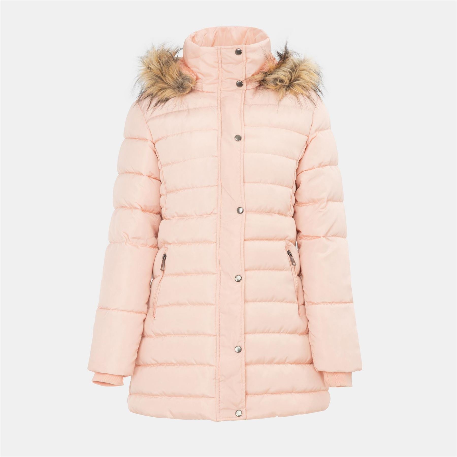 I Saw It First Solid Patterned Hooded Snap Button Fur Trim Ribbed Cuff Parka Jacket