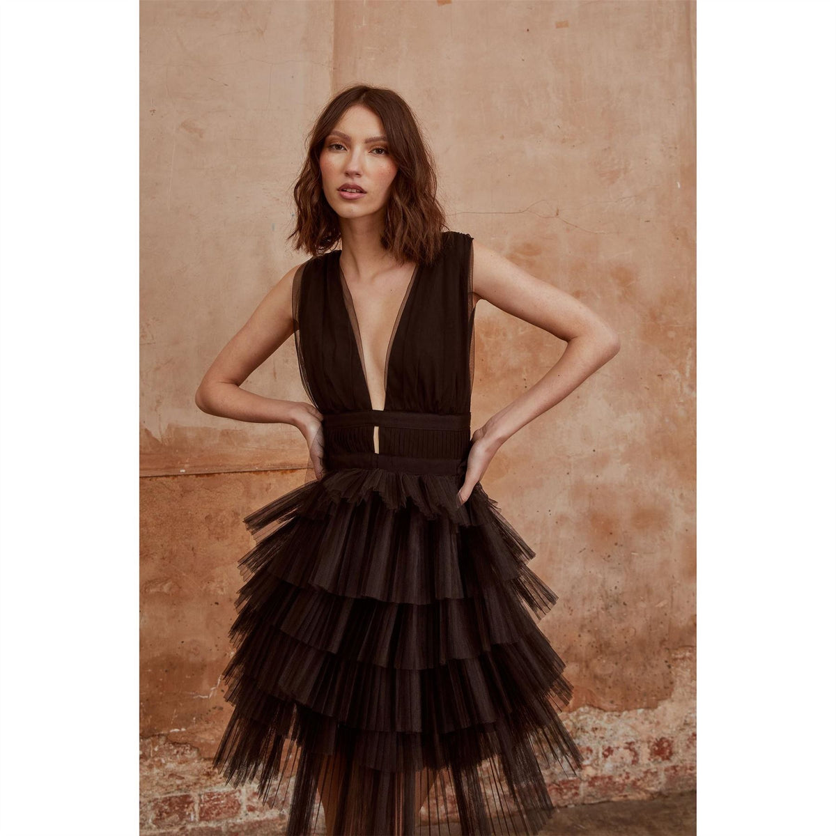 True Decadence Decadence Elle Black Plunge Front Tiered Tulle Mini Dress