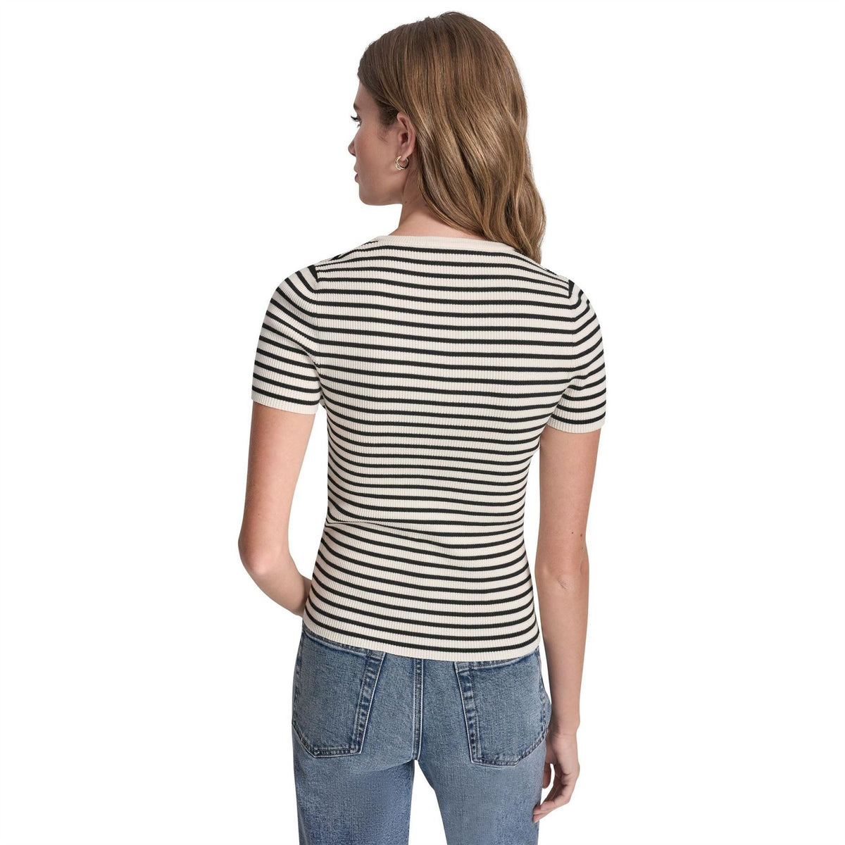 DKNY Jeans Crew Neck Striped Short Sleeve Rib Top