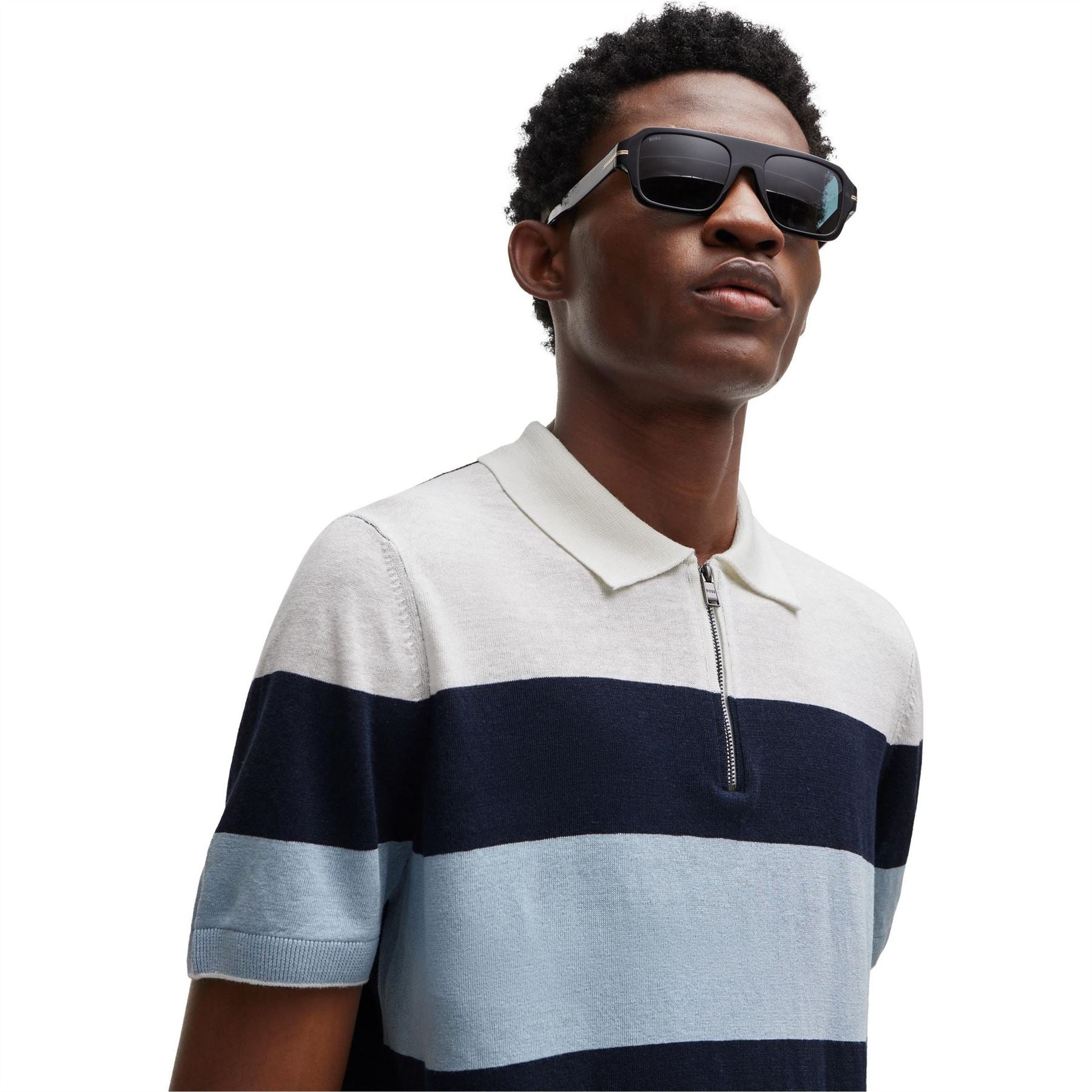 Boss Zip Neck Collared Short Sleeve Shirt