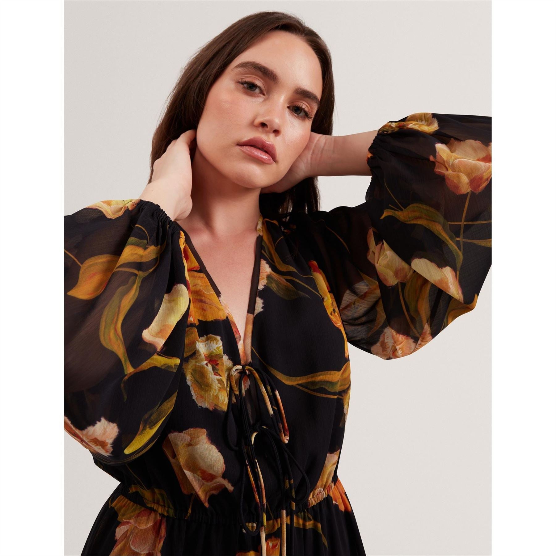 Ted Baker Plain V-Neck Long Sleeve Midi Dress