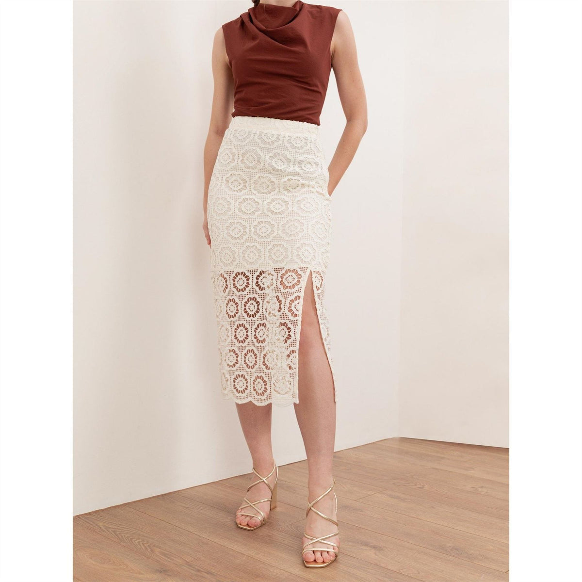 Lovedrobe Cream Crochet Lace Midi Skirt