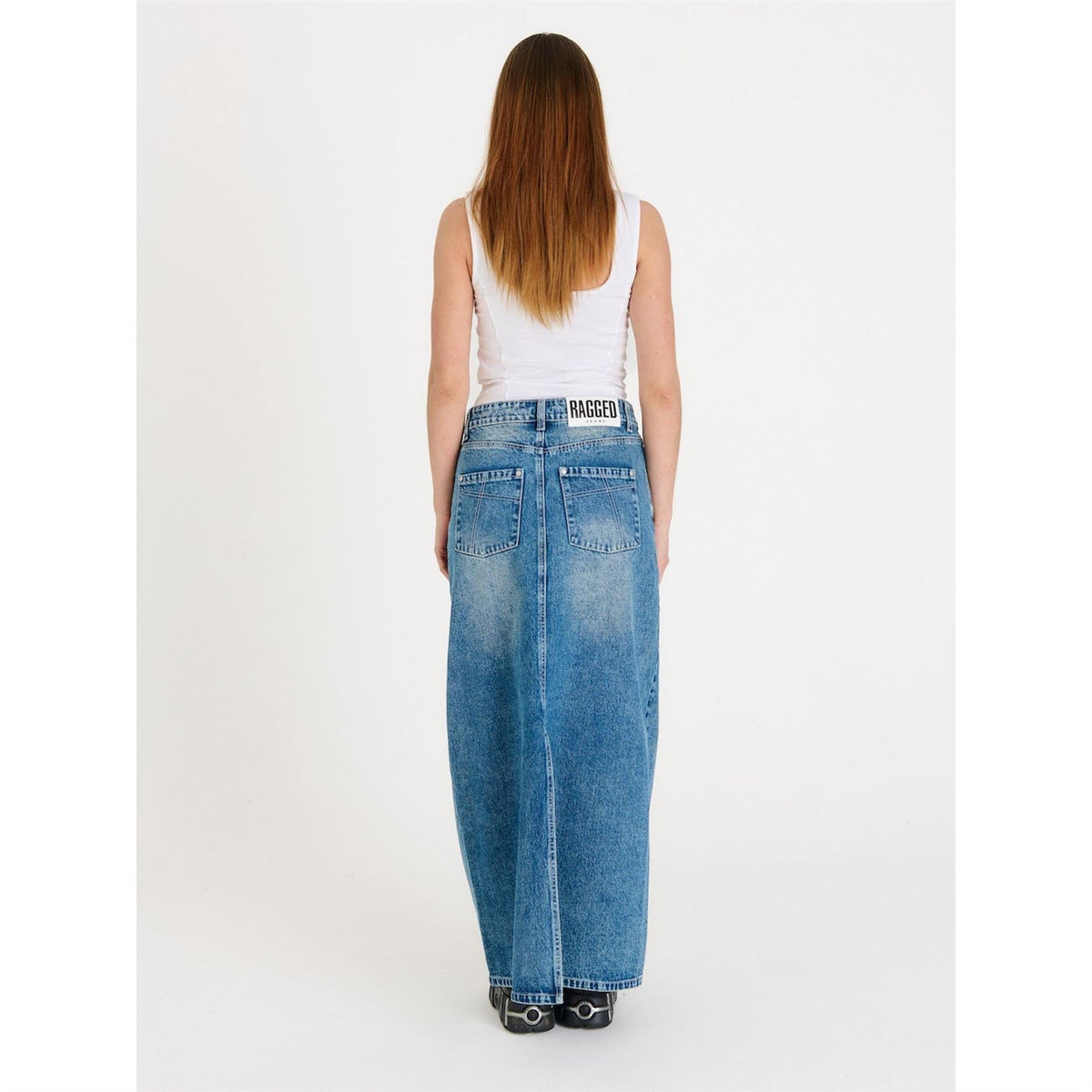 The Ragged Priest Maxi Bleach Blue Wash Denim Skirt