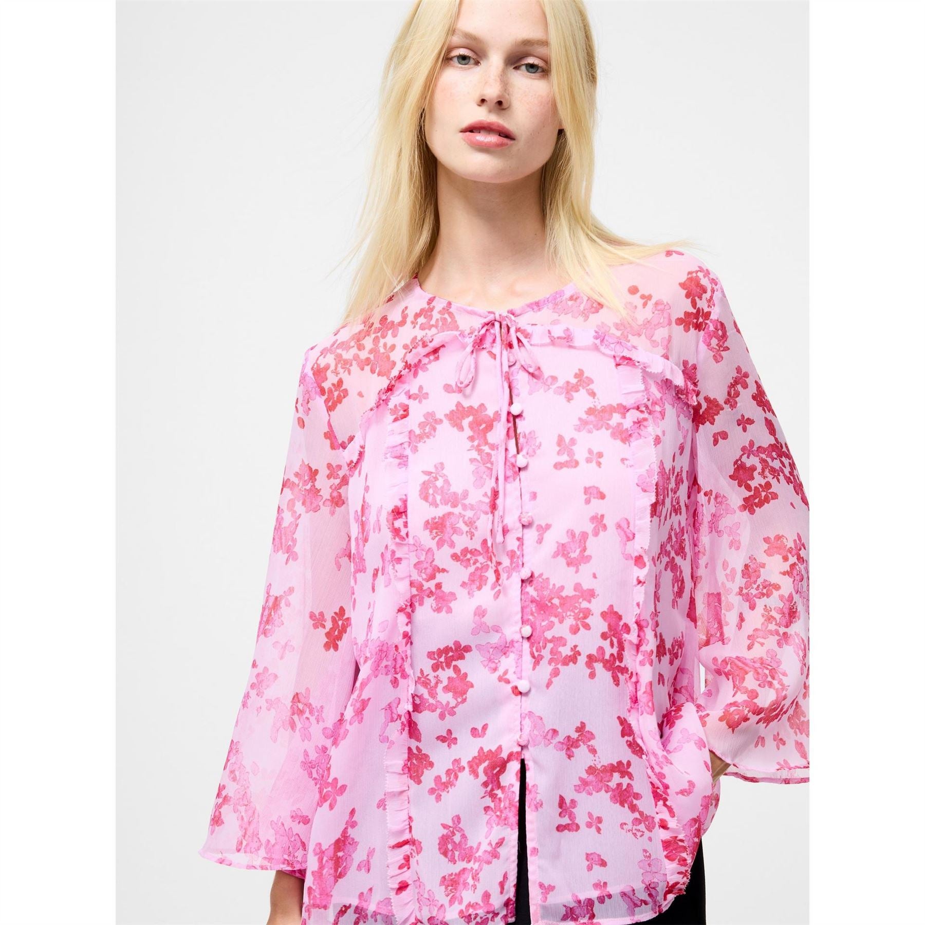 French Connection Isla Relaxed Fit Bell Sleeve Tie Neck Blouse