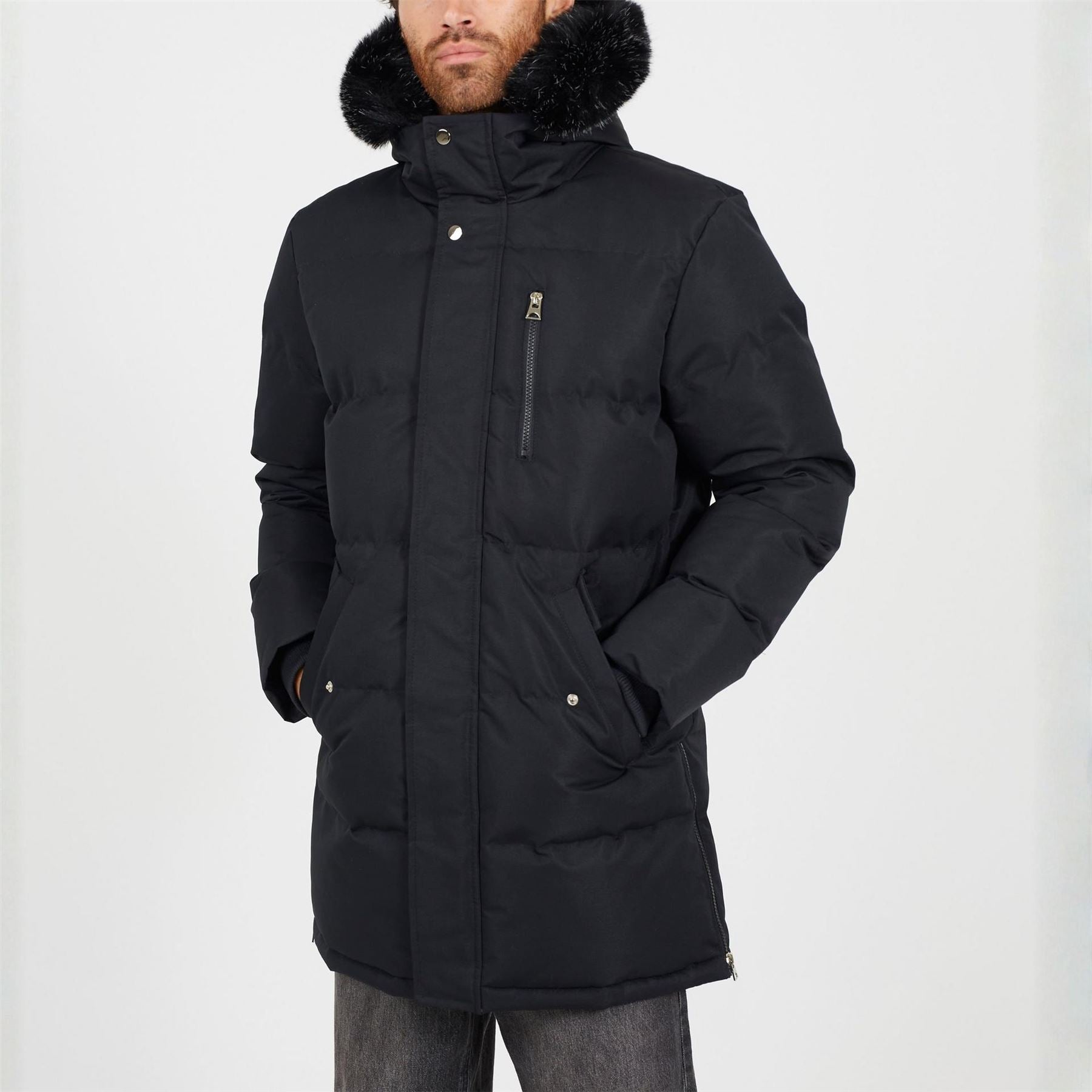 Brave Soul Hooded Snap Button Ribbed Cuff Parka Coat with Fur Trim