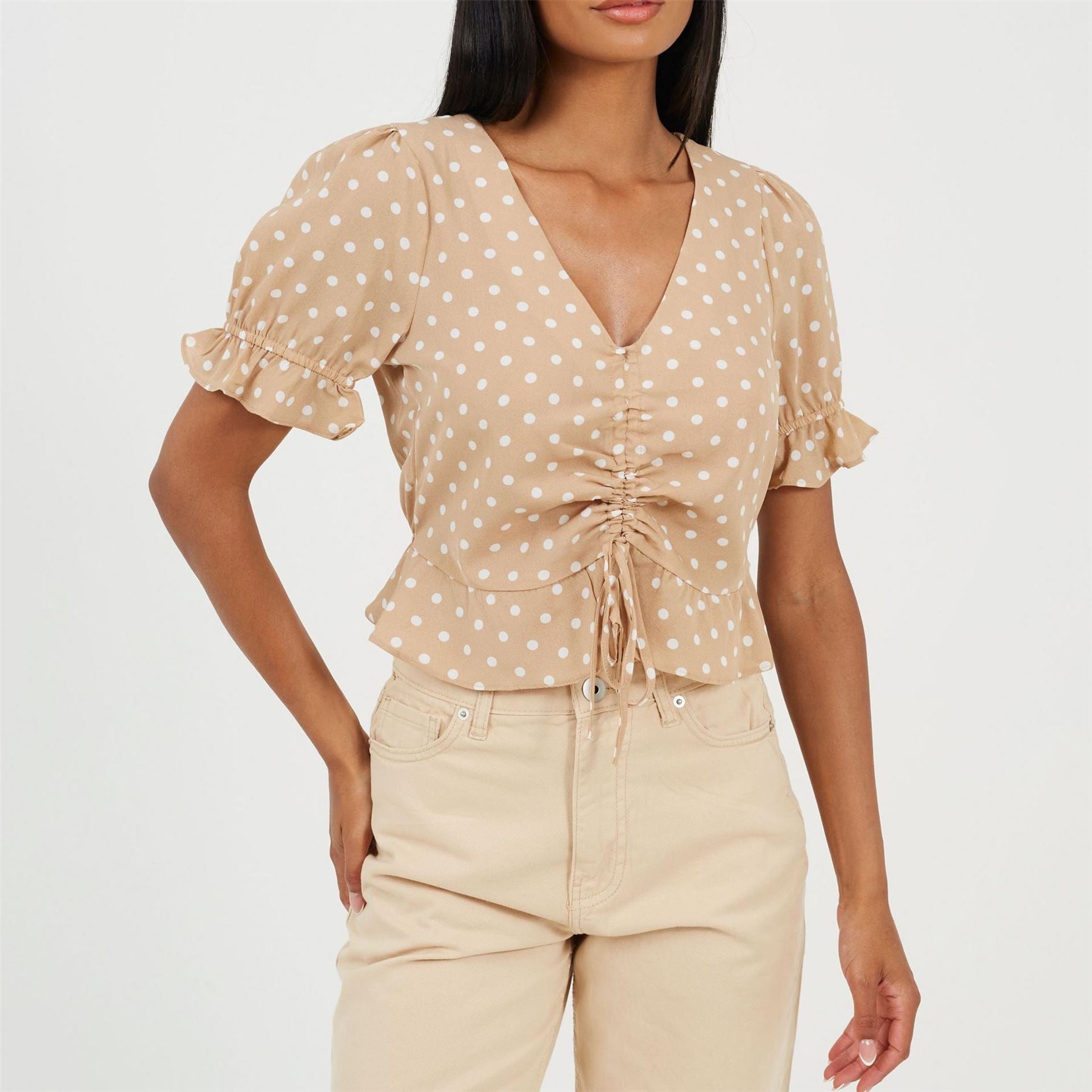 Brave Soul Womens Short Sleeve Polka Dot Top With Centre Ruching