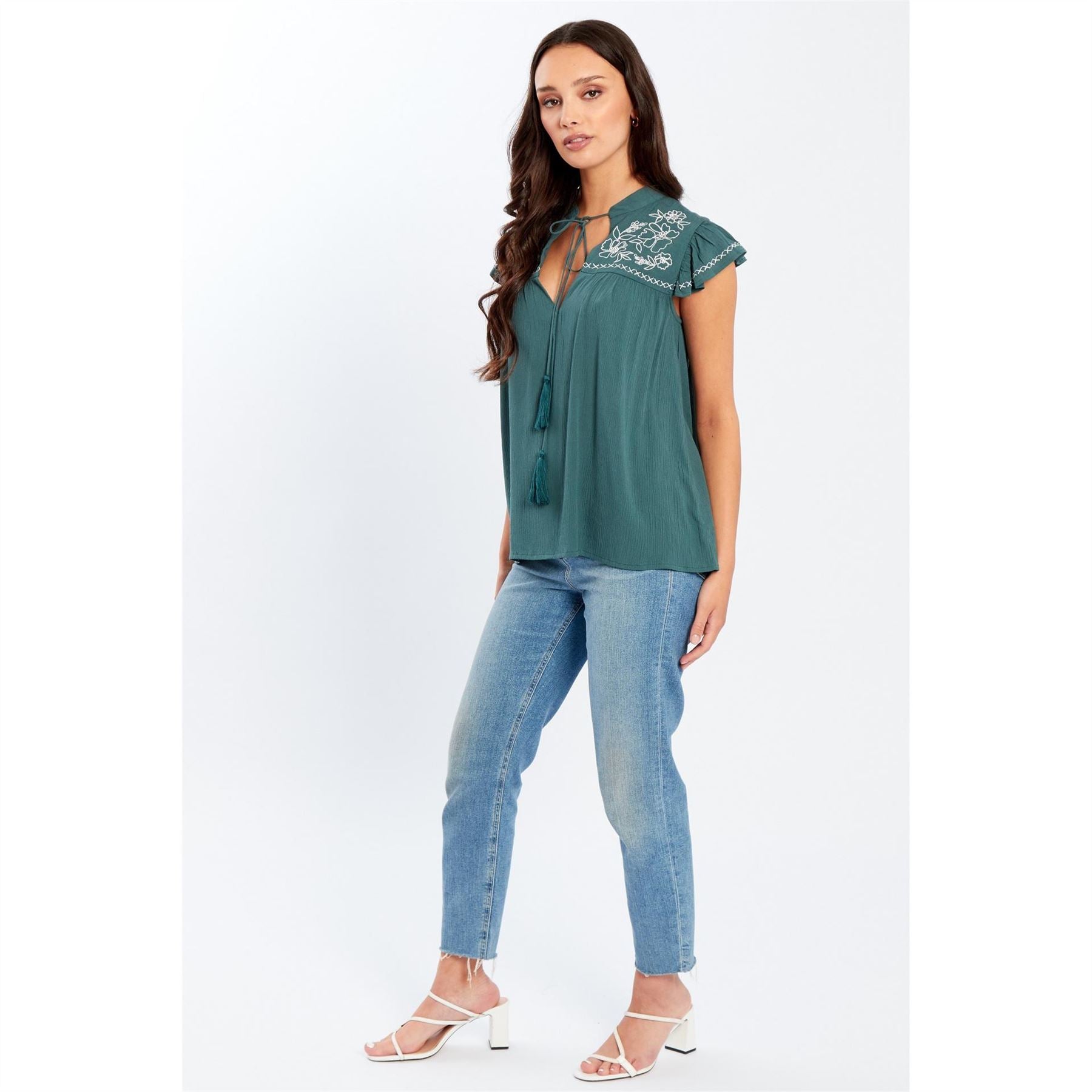 Be You Embroidered Keyhole Neck Relaxed Fit Blouse