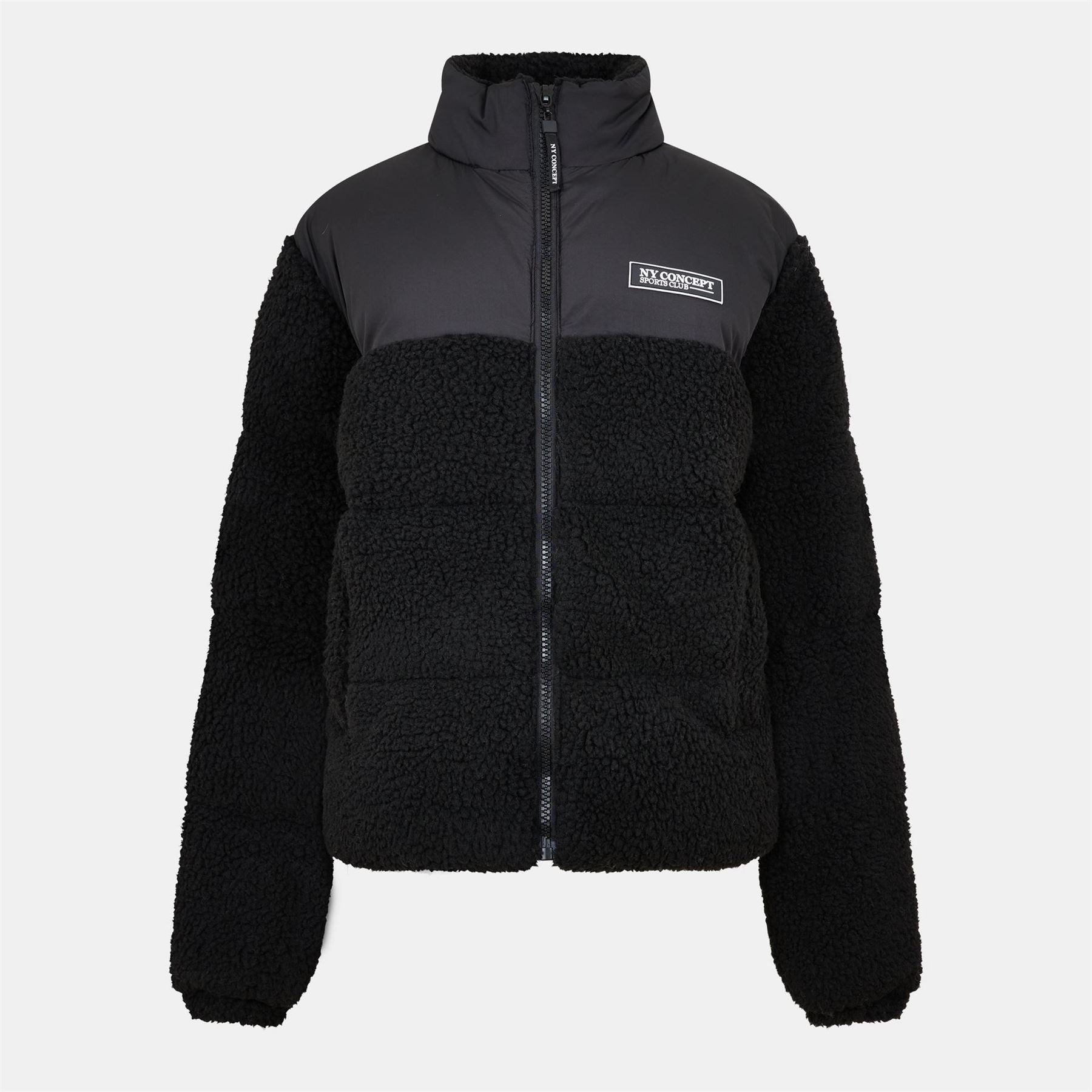 NY Concept Solid Patterned Sherpa Puffer Jacket with Front Zipper Pocket