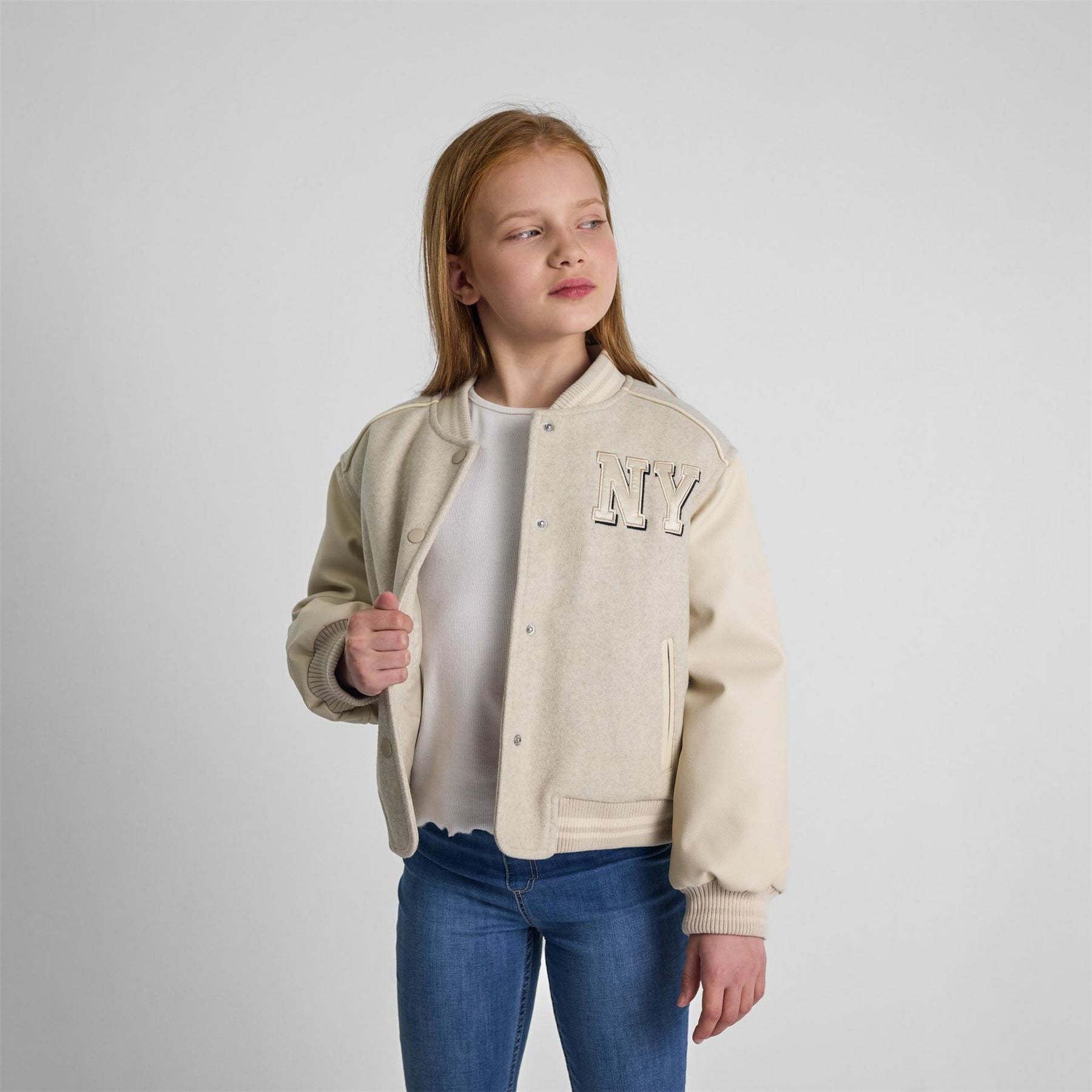 Minoti Girls Baseball Style Jacket With Ny Patch And Faux Leather Sleeves Beige