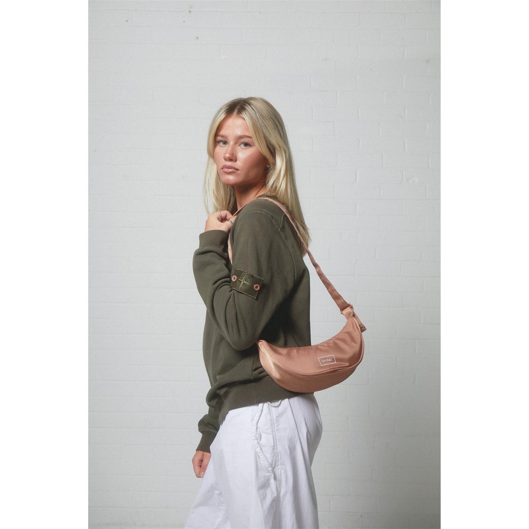 Spiral Cali Crescent Shape Cross Body Bag with Logo Patch