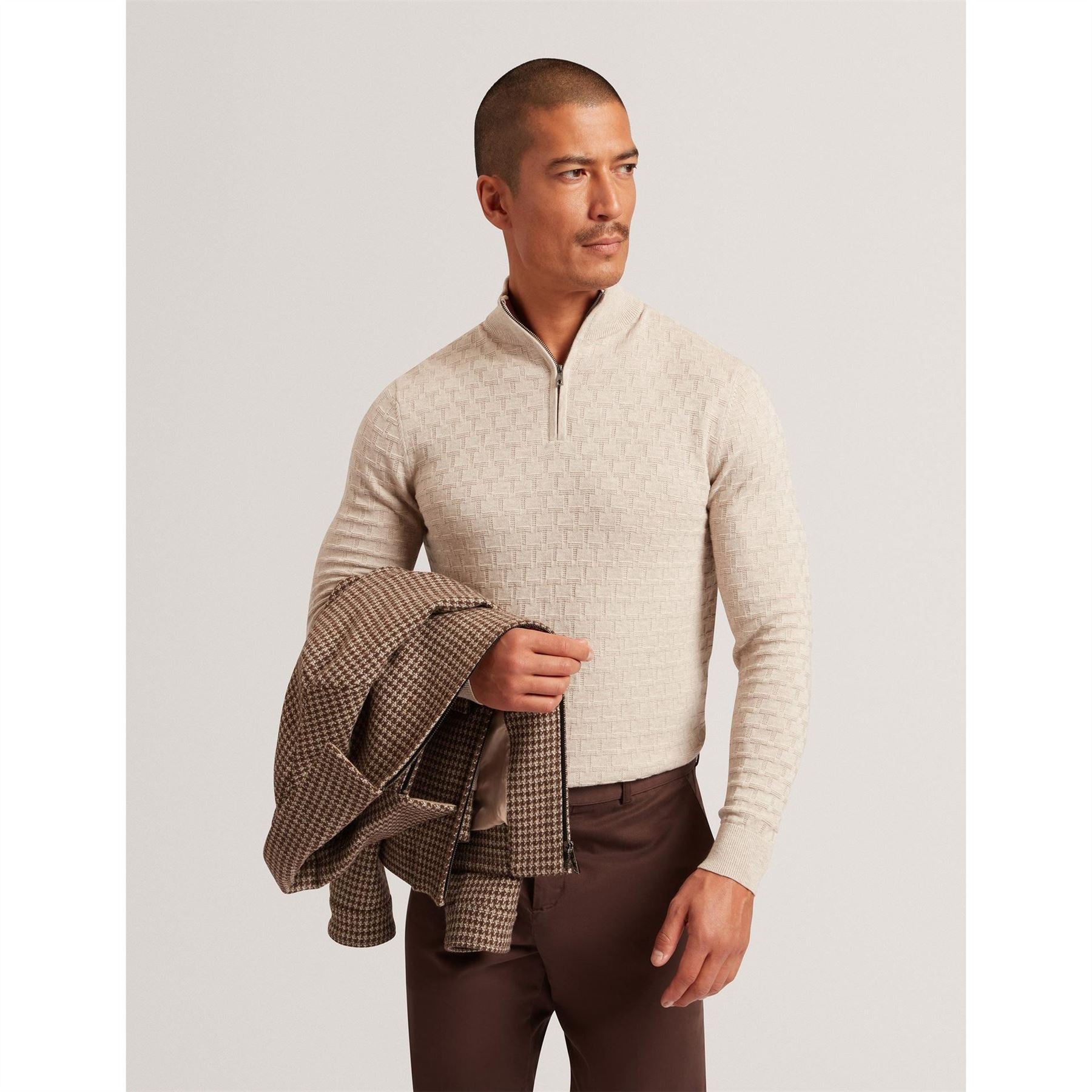 Ted Baker Zip Neck Ribbed Collar Long Sleeve Sweater