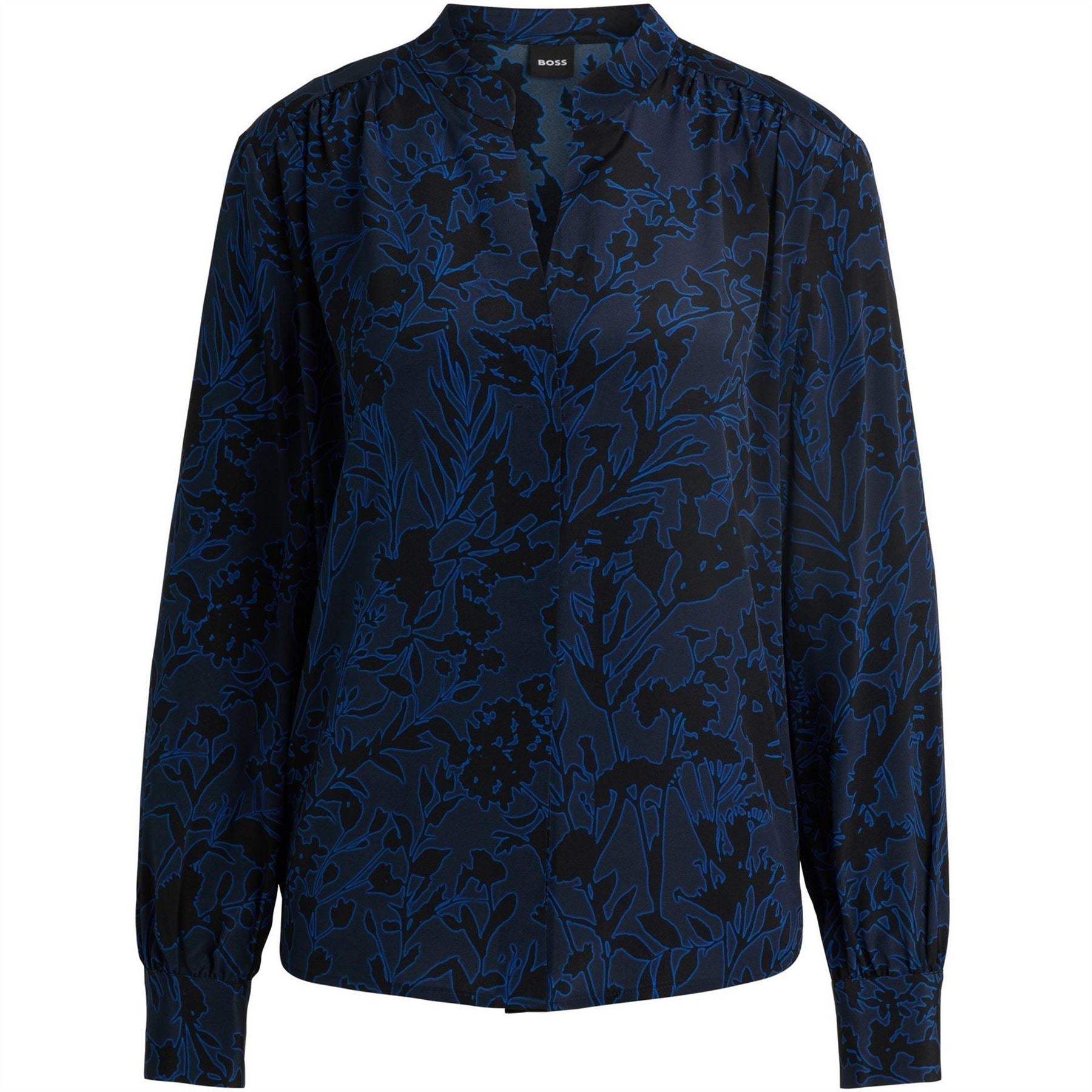 Boss Notched Neck Band Collar Long Sleeve Blouse