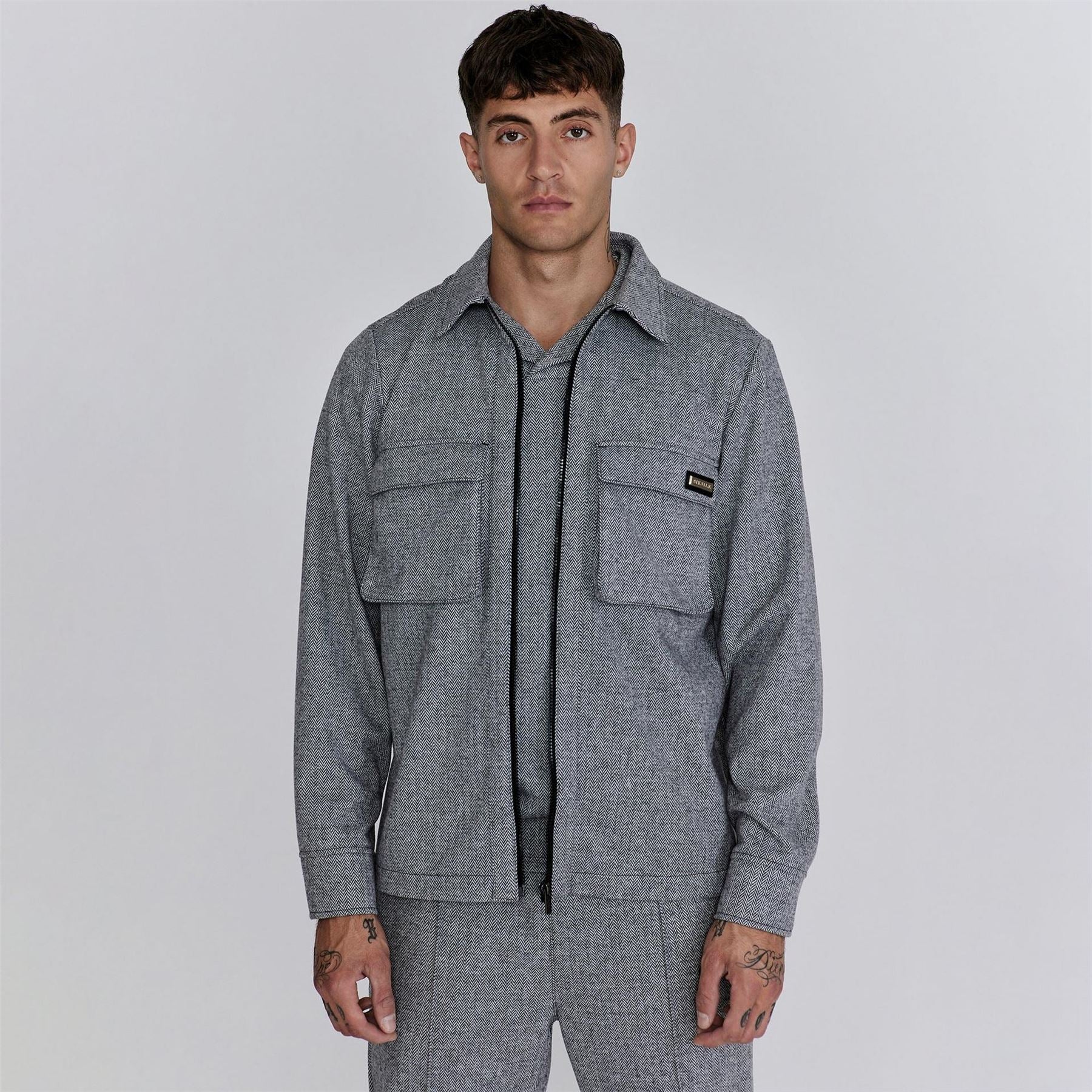 SikSilk Herringbone Snap Button Overshirt with Chest Pocket