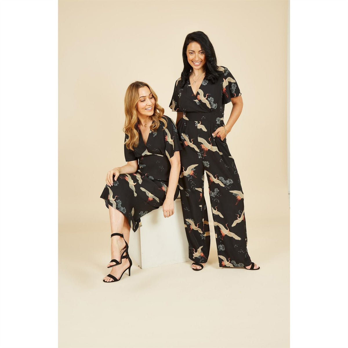 Yumi Crane Print Wide Leg Jumpsuit with Flutter Sleeves