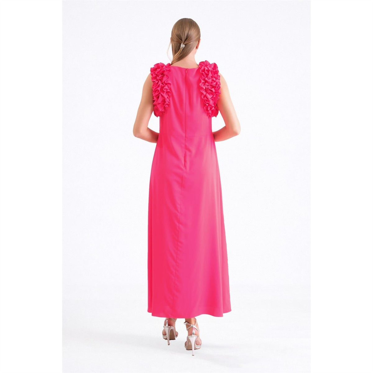 Ella Boo Fuchsia Ruffle Shoulder Maxi Frill Dress