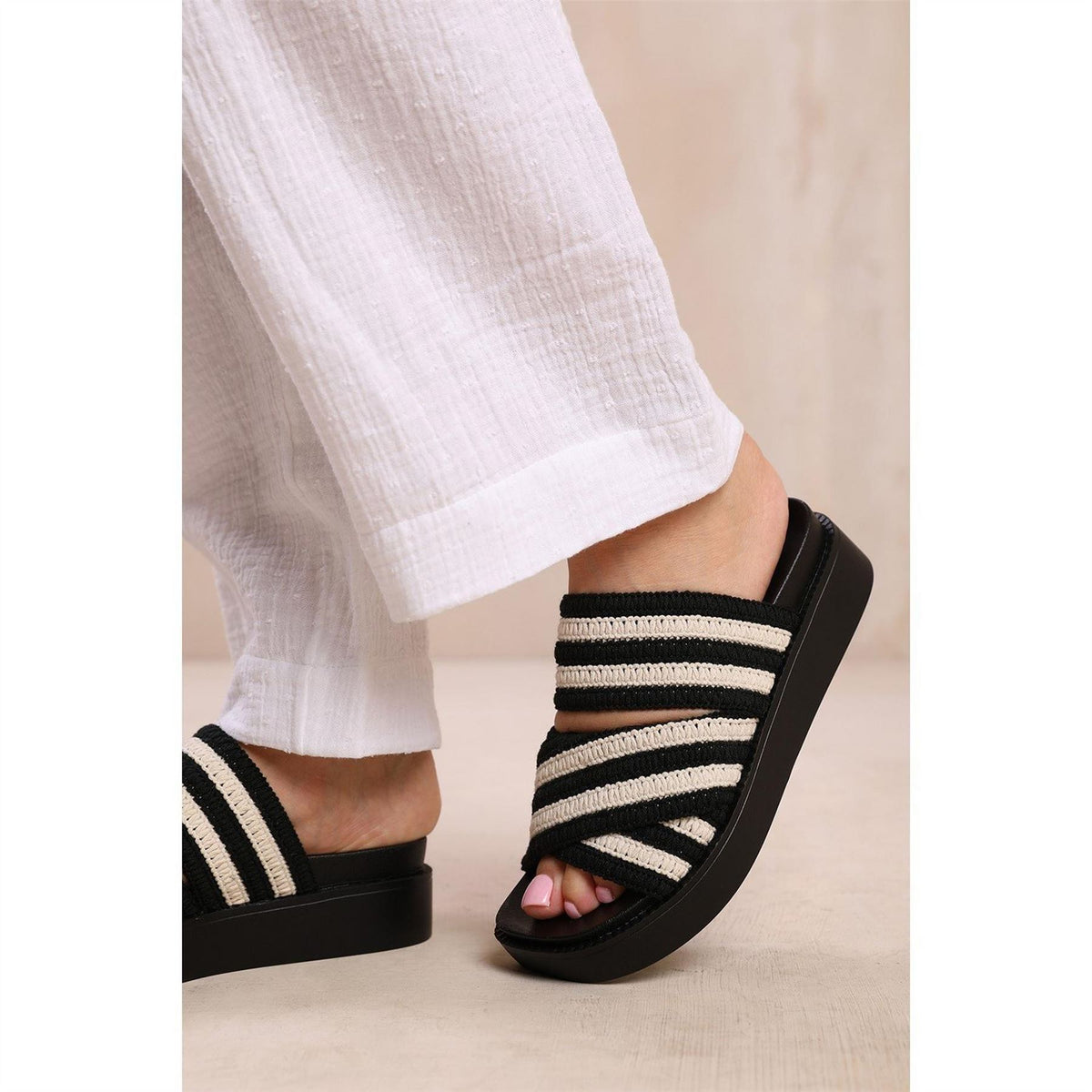Wheres That From Striped Platform Open Toe Slide Sandals