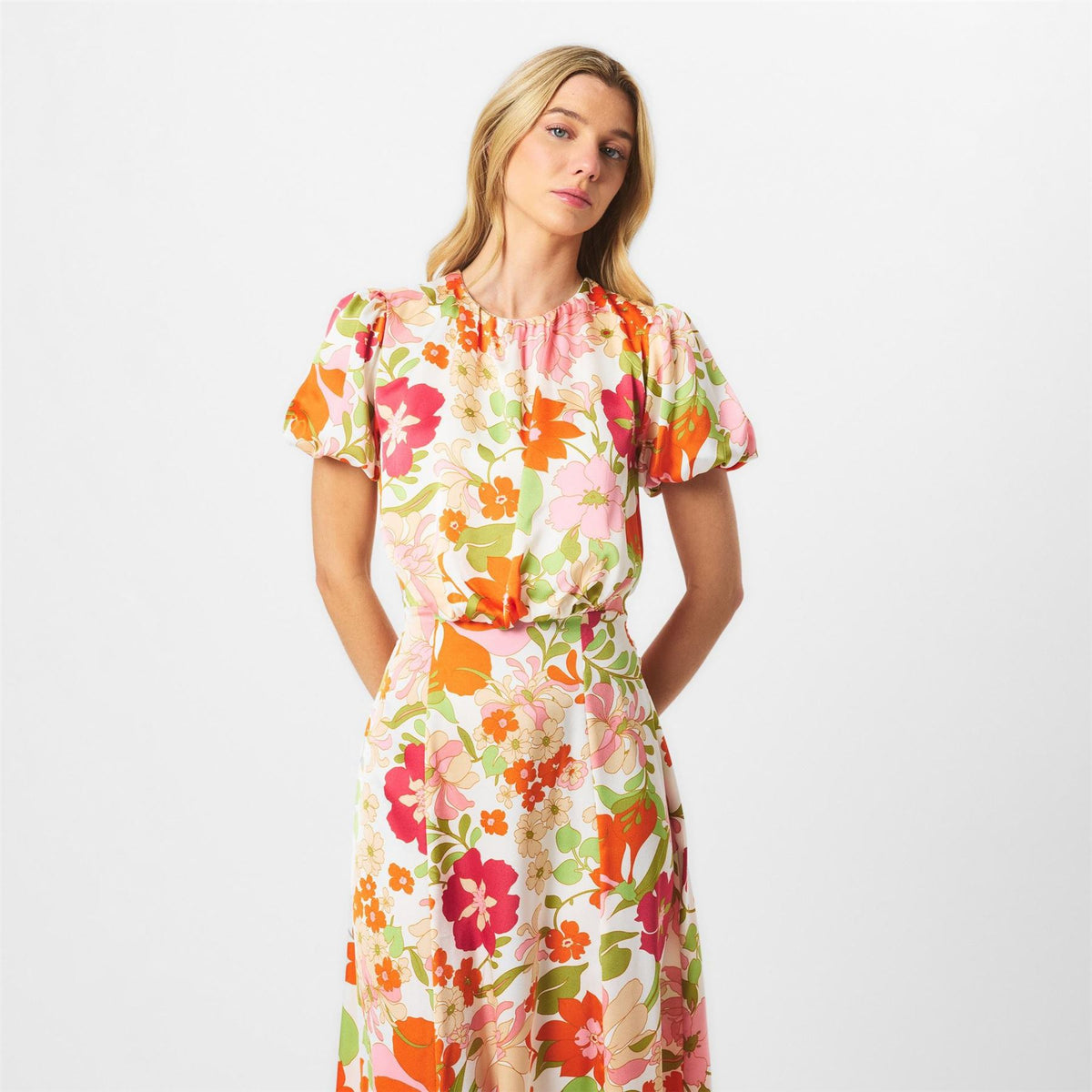 AX Paris Floral Printed Puff Sleeve Tie Waist Midi Dress