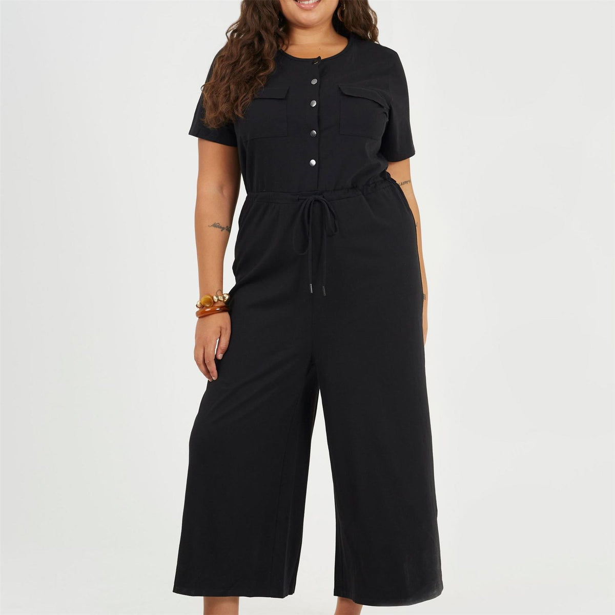 Brave Soul Crew Neck Short Sleeve Solid Patterned Culotte Jumpsuit