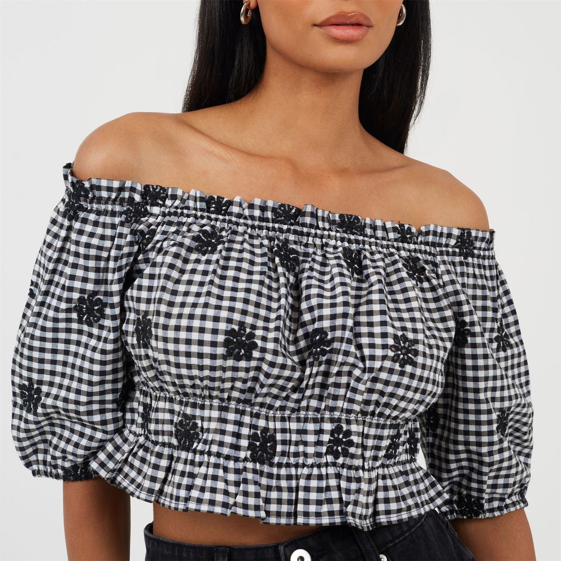 Brave Soul Womens Puff Sleeve Broderie Anglaise Top In Gingham