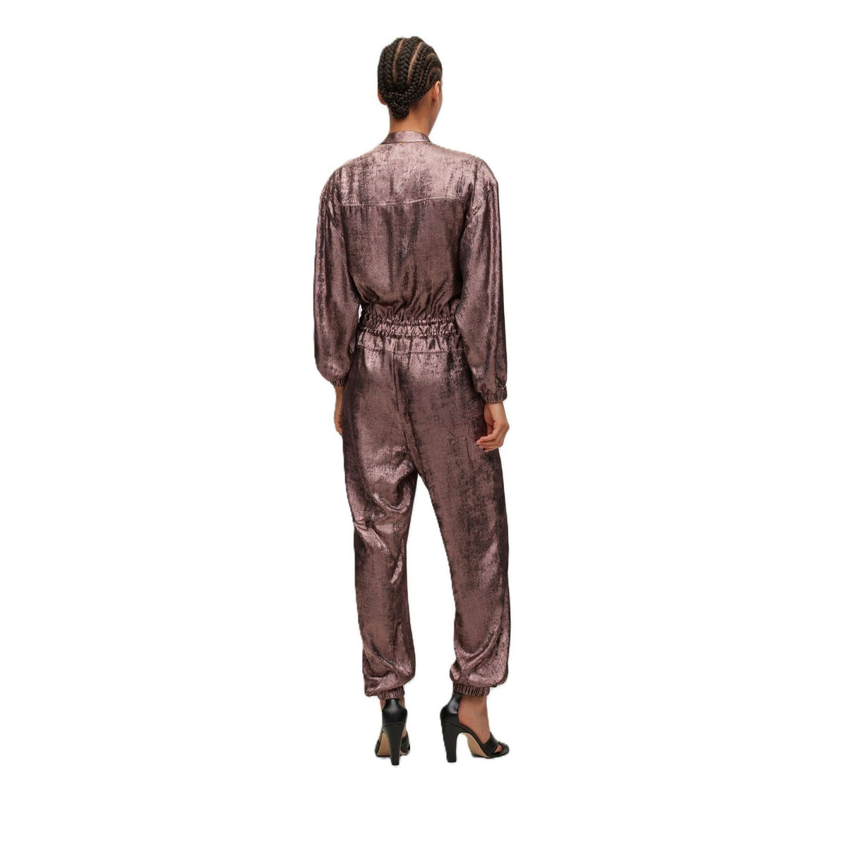 Boss Funnel Neck Long Sleeve Metallic Patterned Jumpsuit