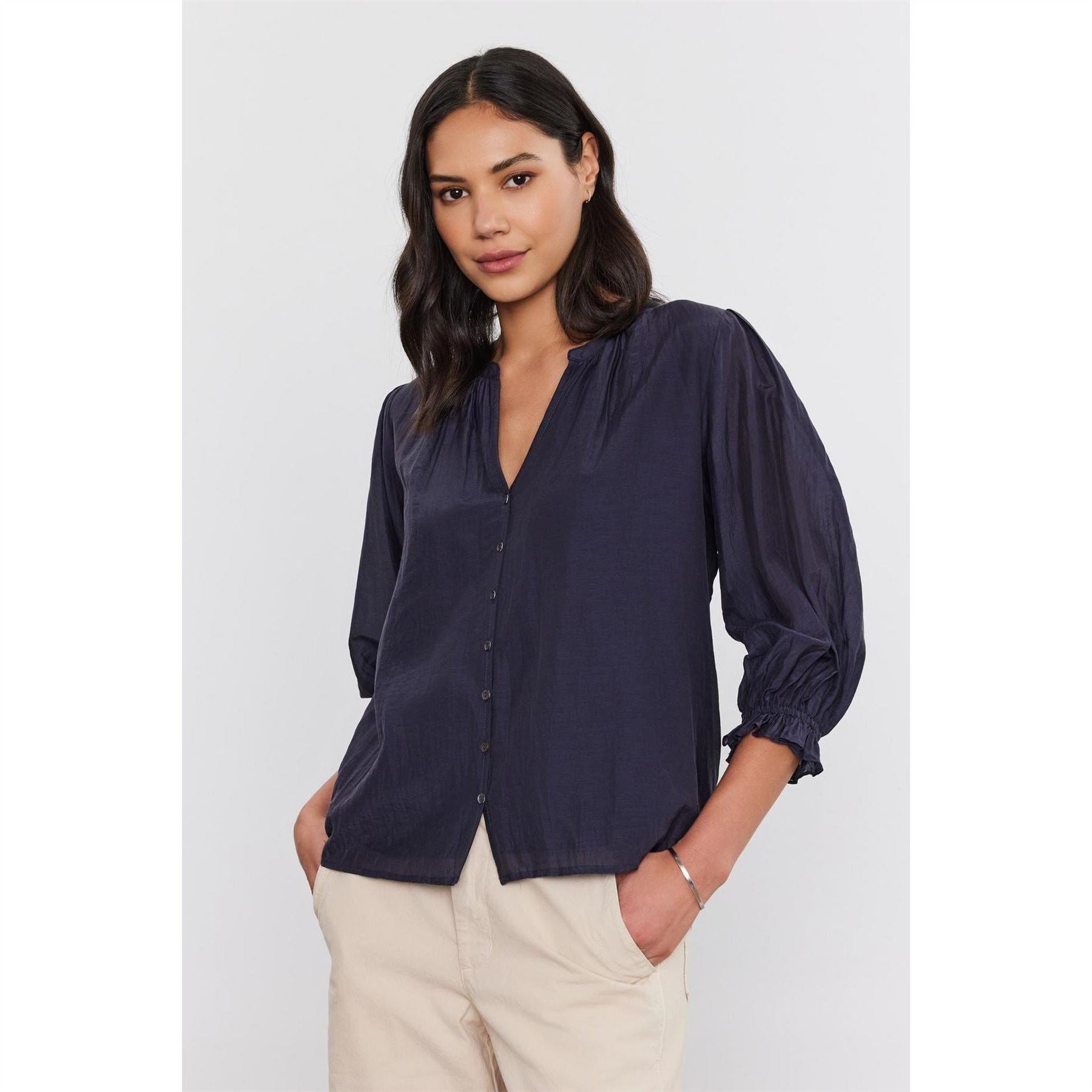 Velvet by Graham and Spencer Regular Fit V-Neck Bishop Sleeve Blouse