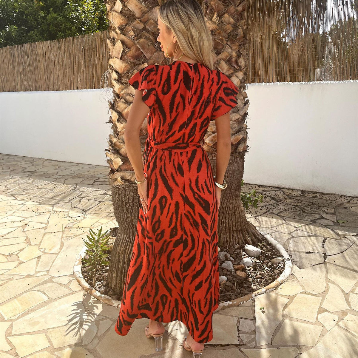 AX Paris Tiger Print Flutter Sleeve Belted Wrap Midi Dress