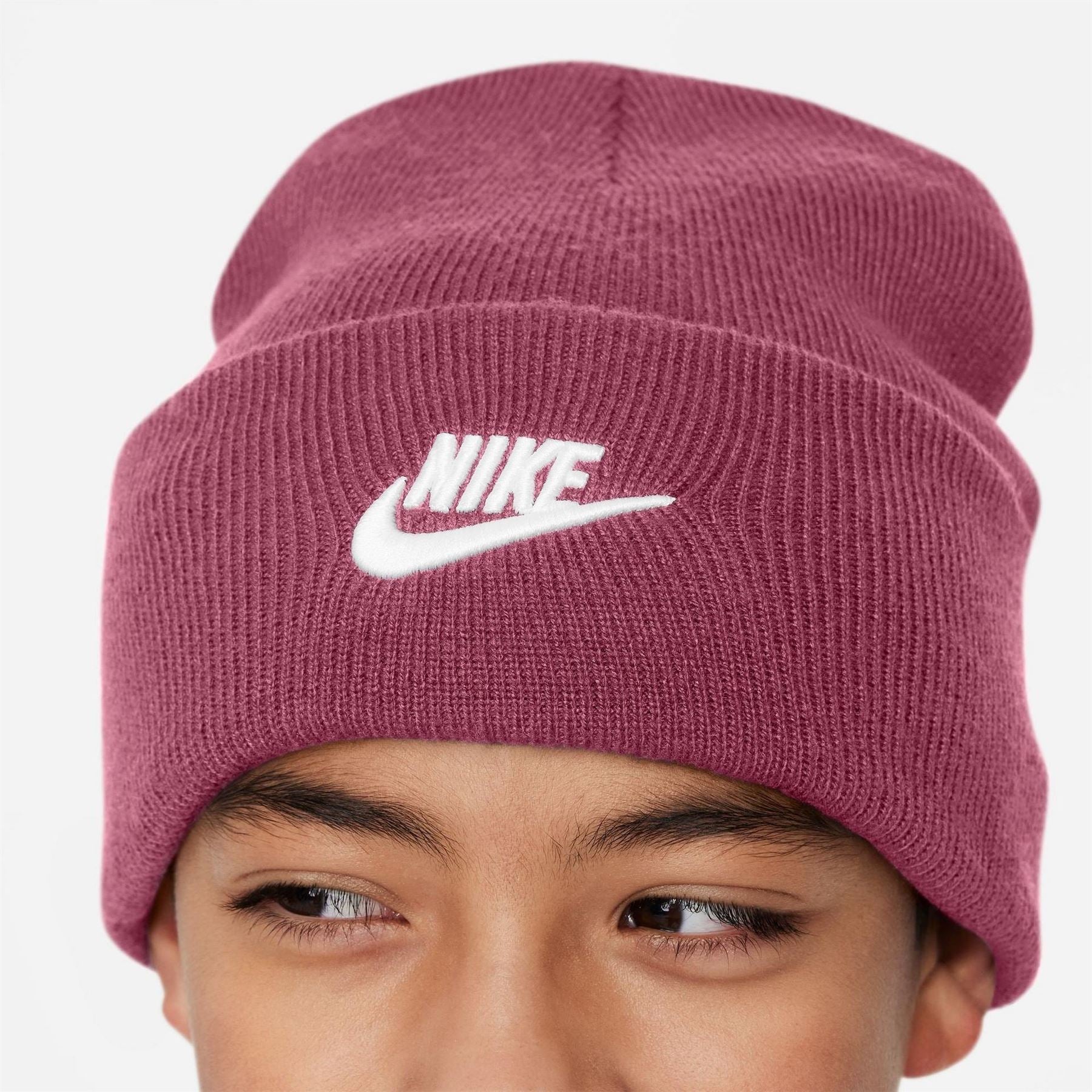 Nike Nsw Junior Wordmark Embroidered Logo Ribbed Cord Effect Fold Up Brim Beanie