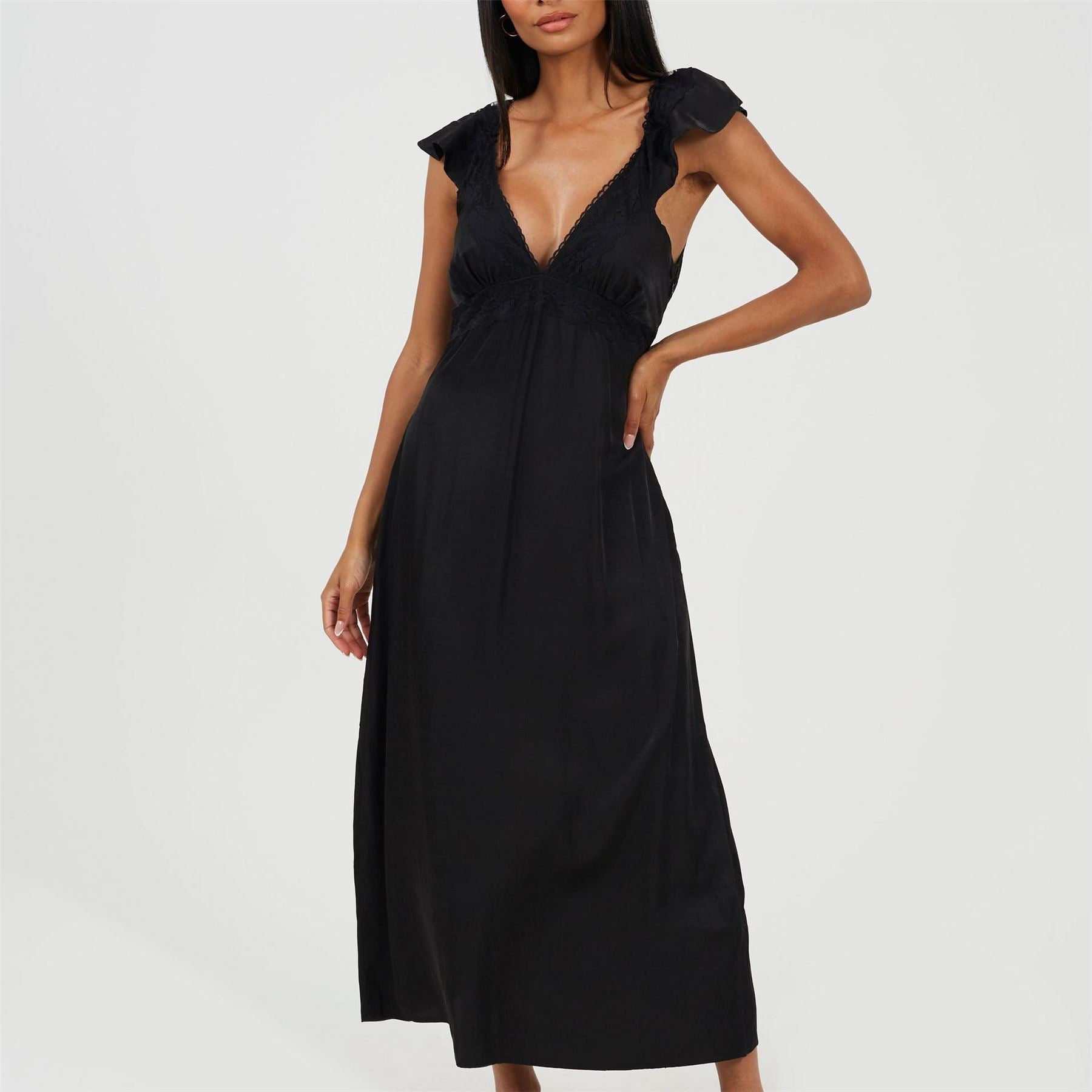 Brave Soul Lace Trim V Neck Midi Dress with Frill