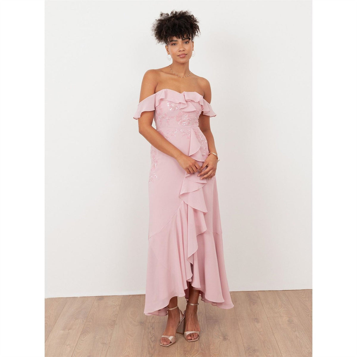 Maya Deluxe Soft Pink Embellished Faux Wrap Bardot Midaxi Dress